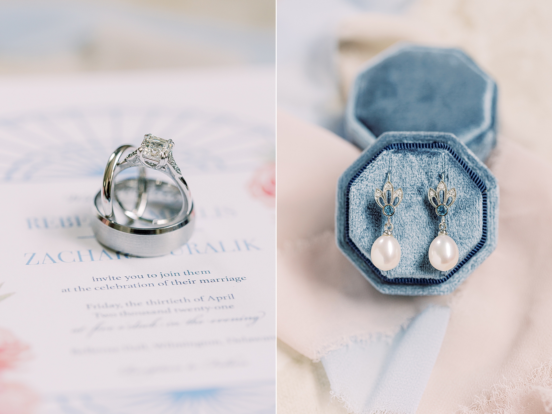 diamond rings rest on invitation suite with pearl earrings in blue ring box 