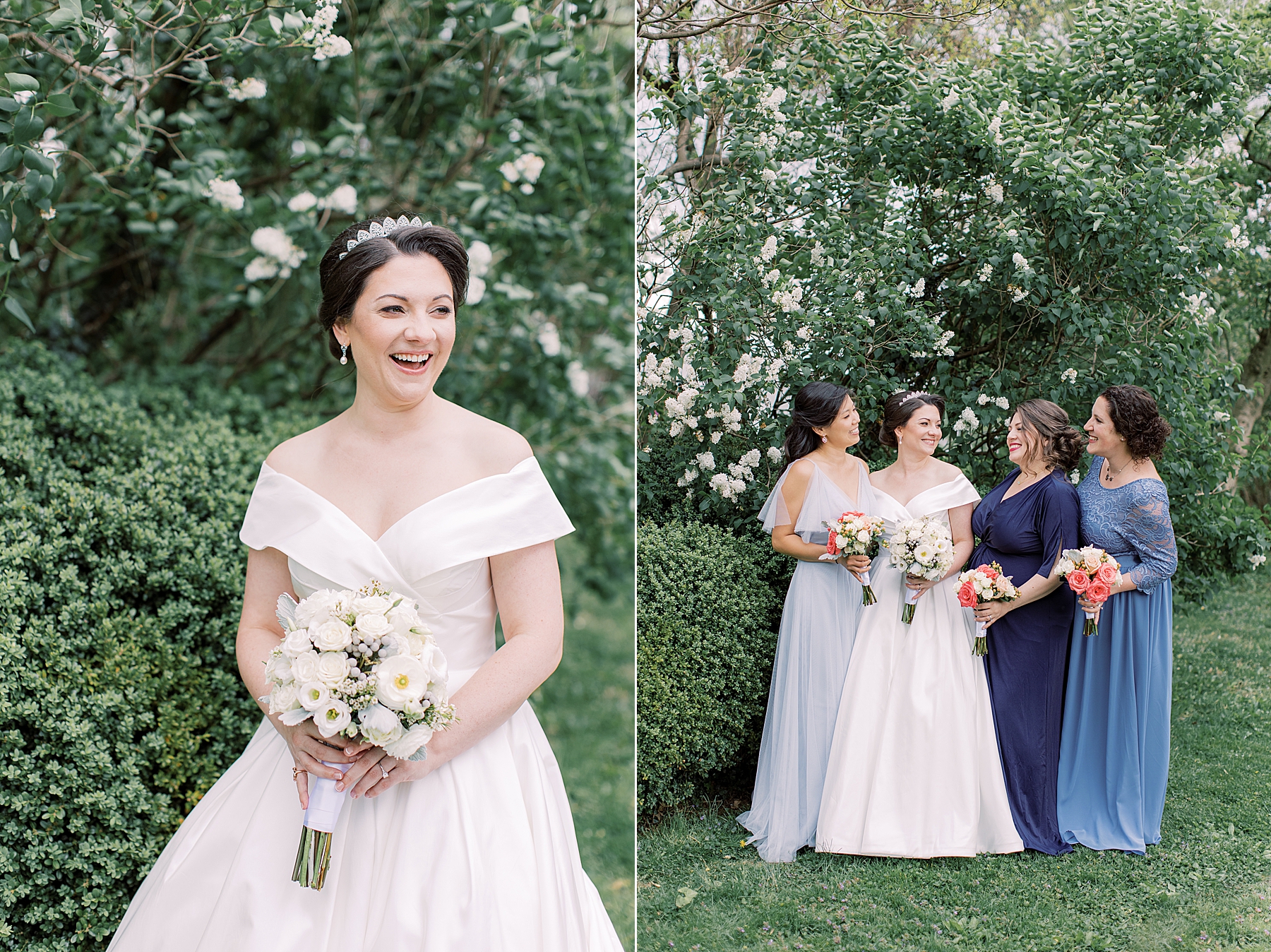 bride in off-the-shoulder gown and all-white bouquet laughs with bridesmaids in mismatched blue gowns at Bellevue Hall