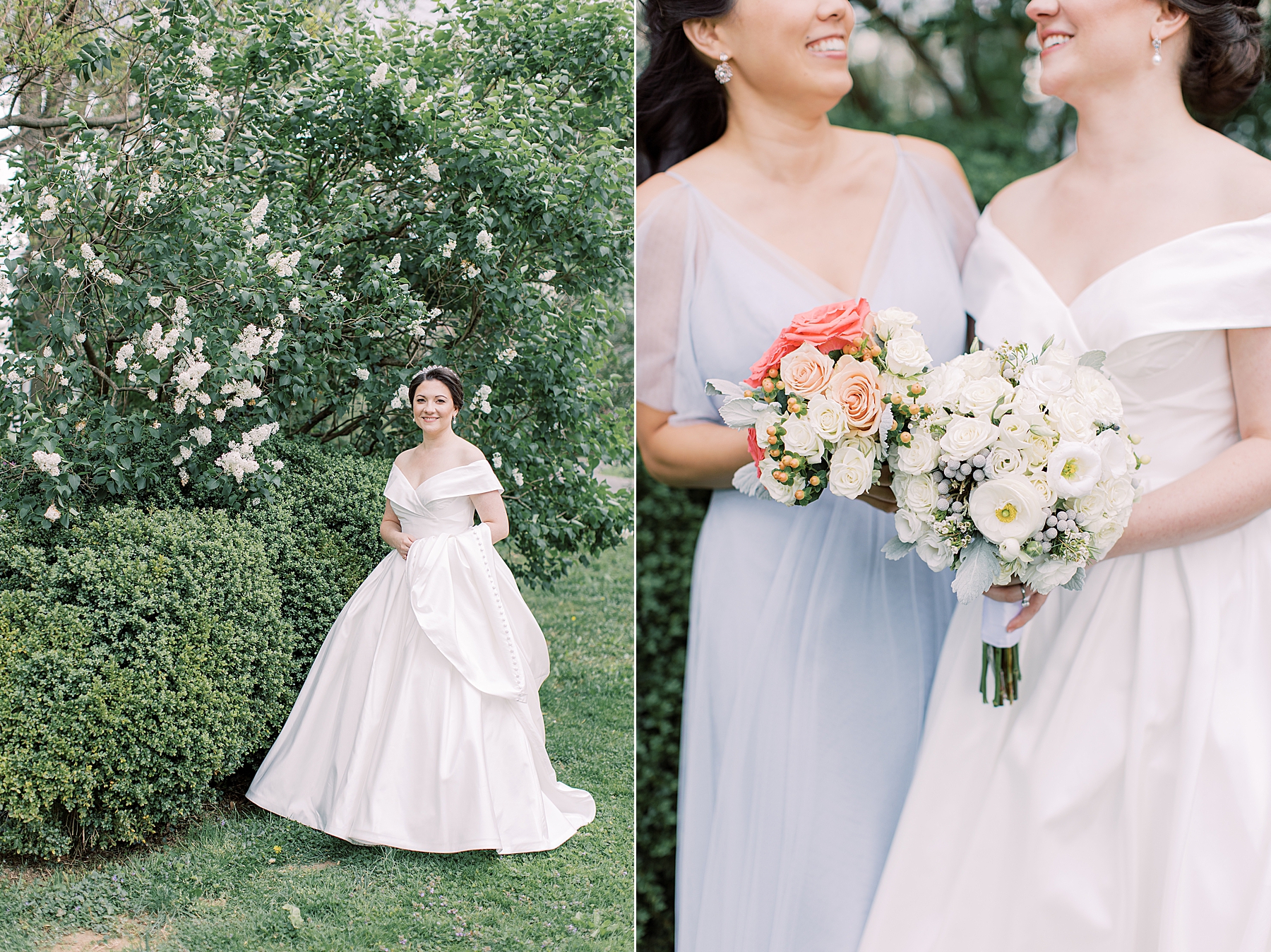 bride and bridesmaid hold spring bouquets in gardens at Bellevue Hall