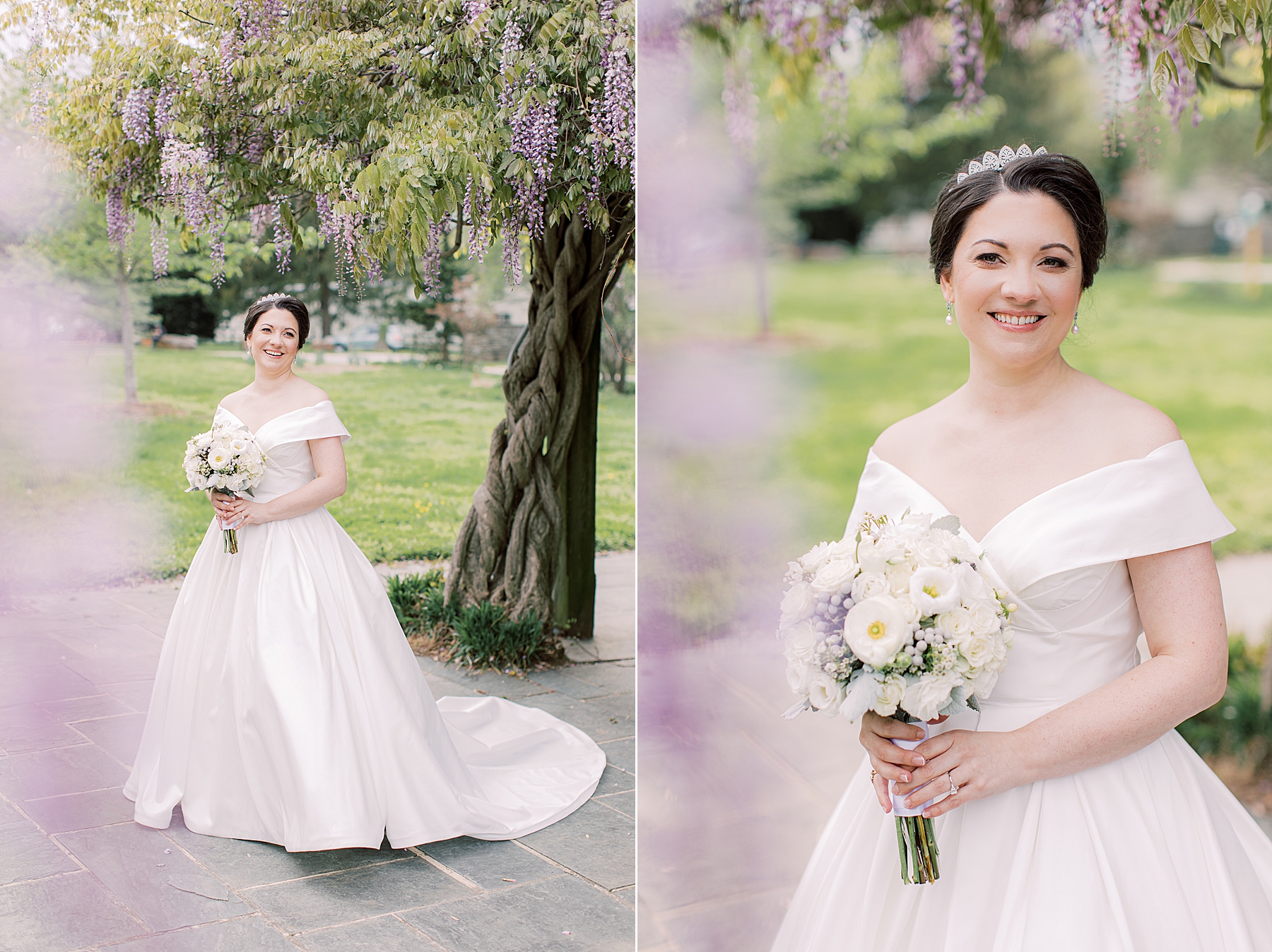 bride in off-the-shoulder gown poses with white bouquet under wisteria at Bellevue Hall