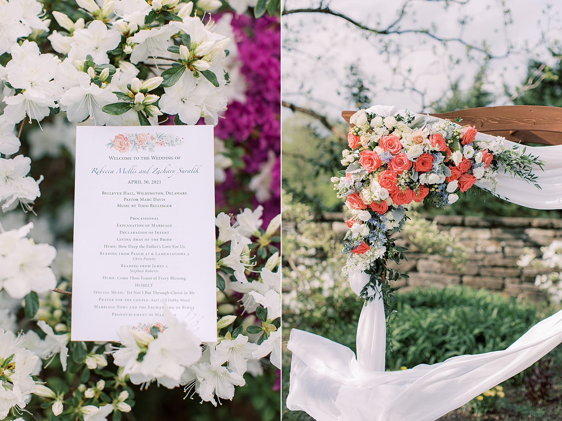 ceremony program and arbor with pink and white roses for Bellevue Hall wedding 