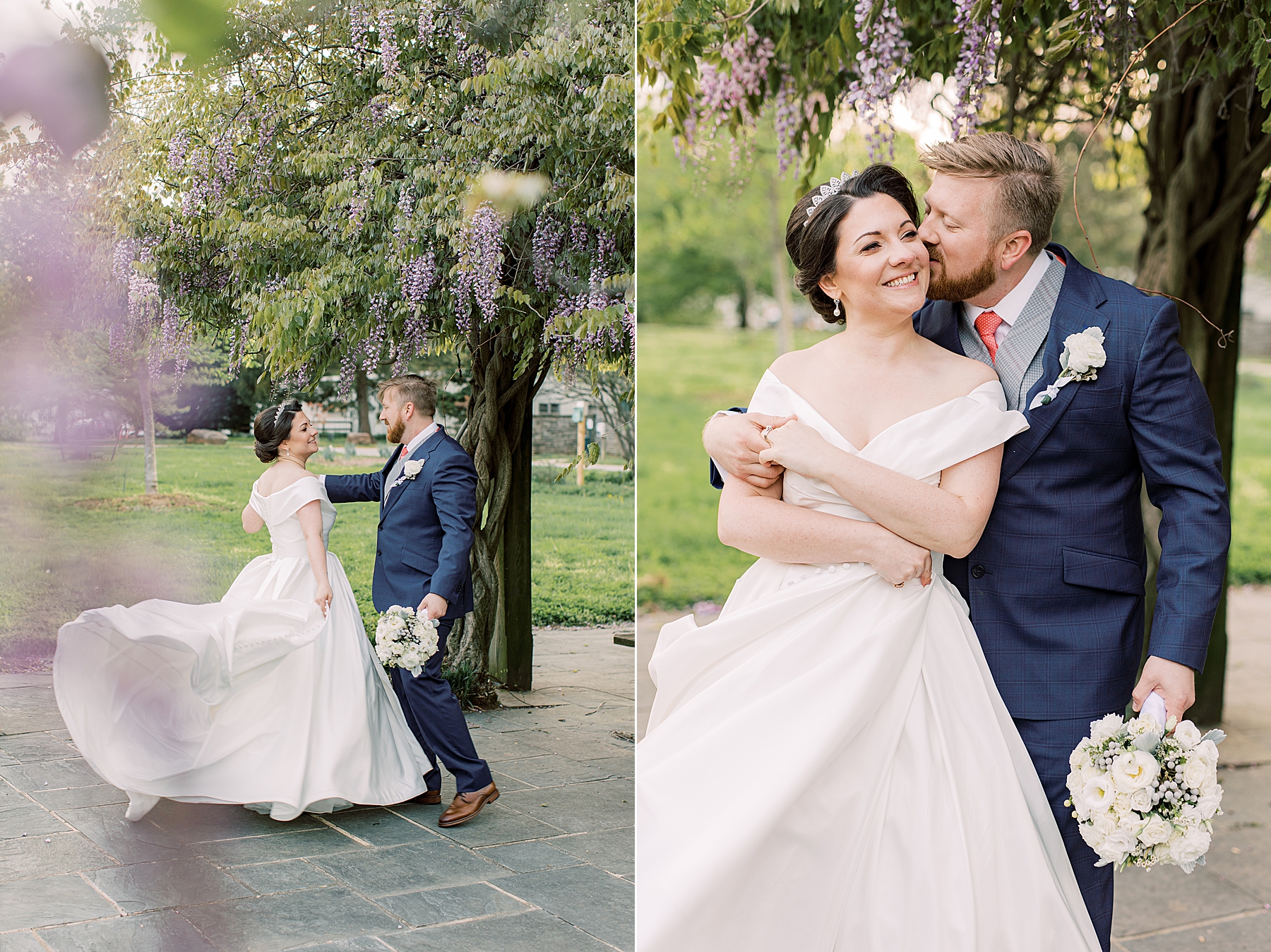 groom twirls bride under wisteria at Bellevue Hall