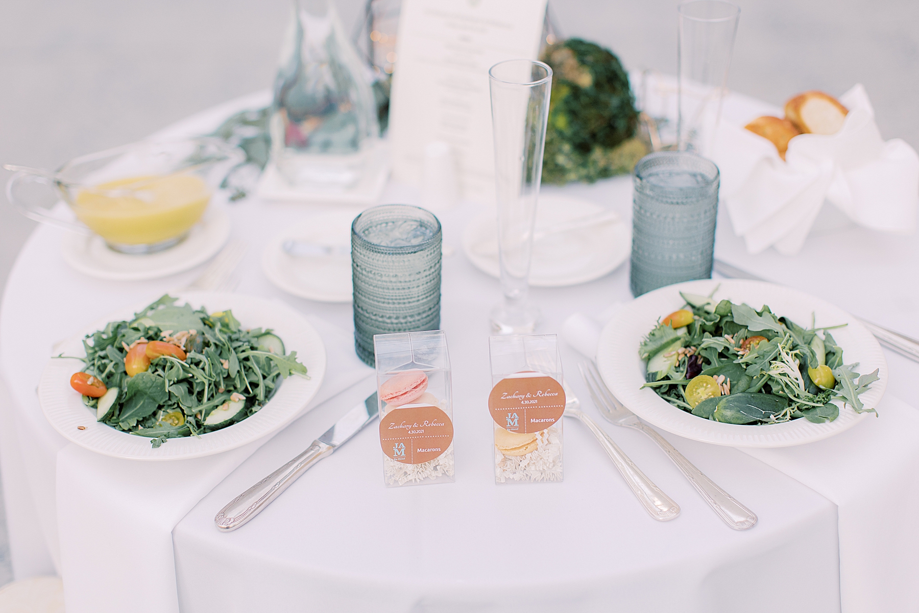 place setting with salads and macron favors for Bellevue Hall wedding reception