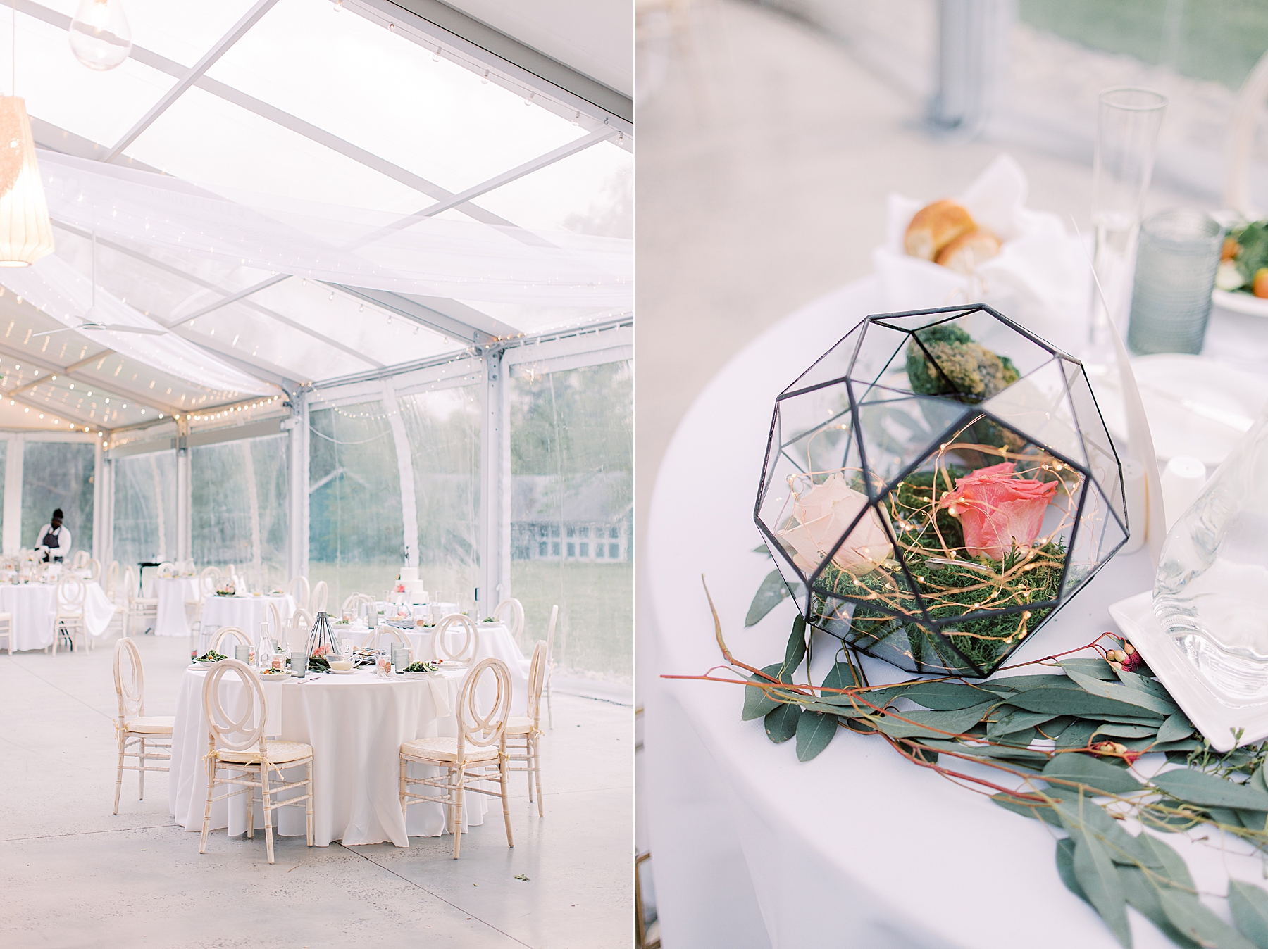 glass centerpieces with flowers and fairy lights 