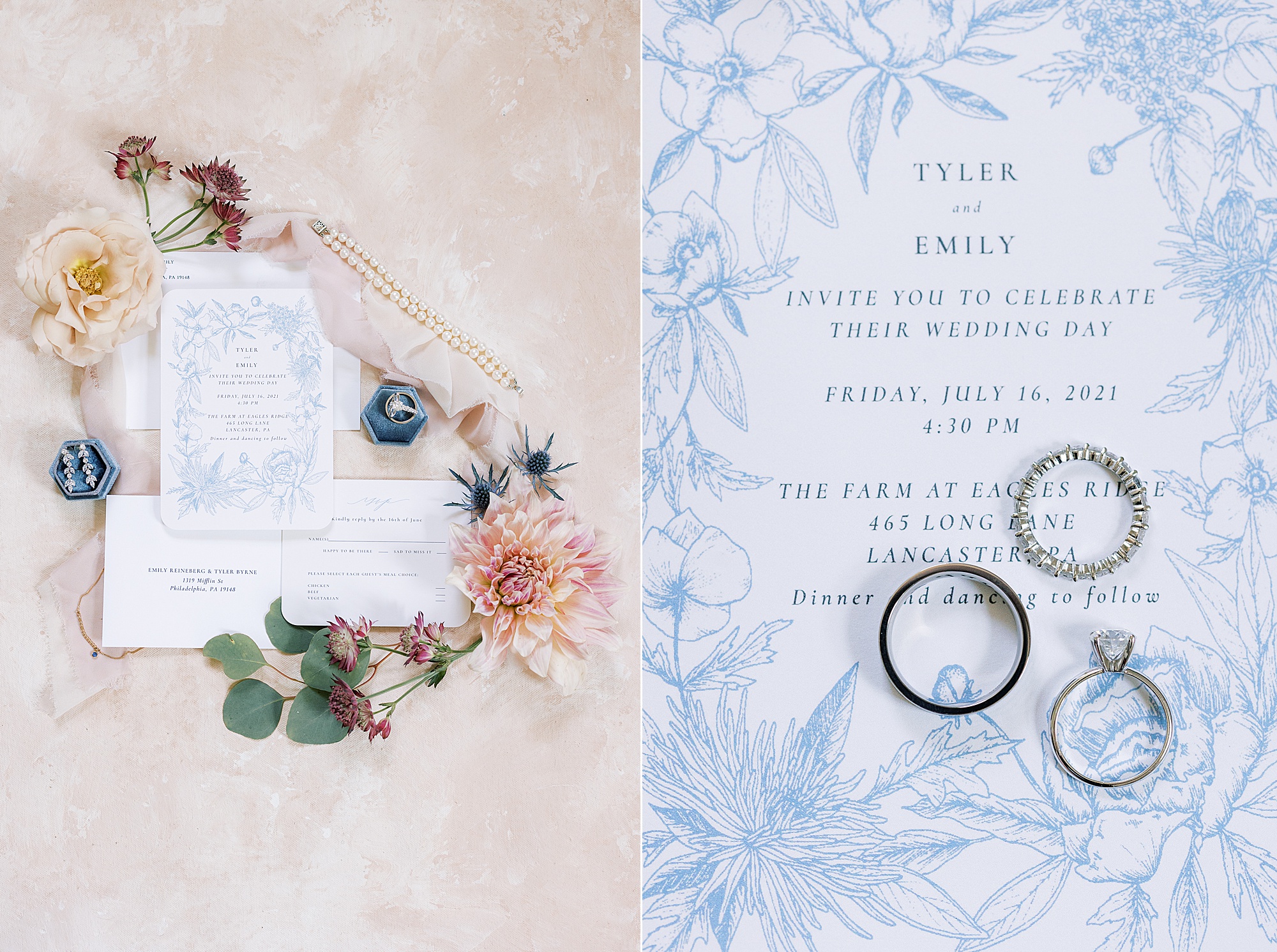 invitation suite with blue and white florals rests on pale pink backdrop with rings 