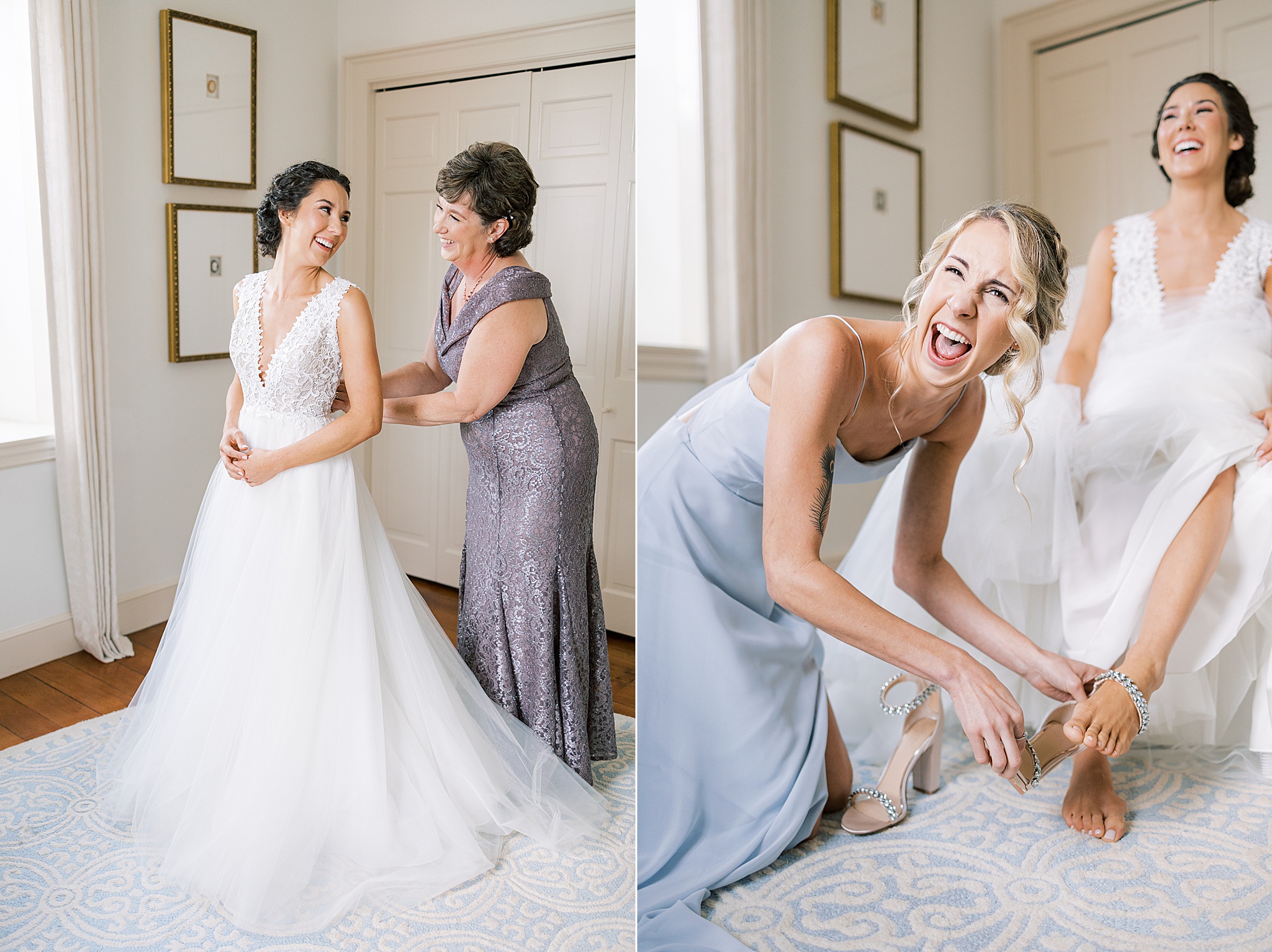 bridesmaid laughs helping bride with shoes before PA wedding 