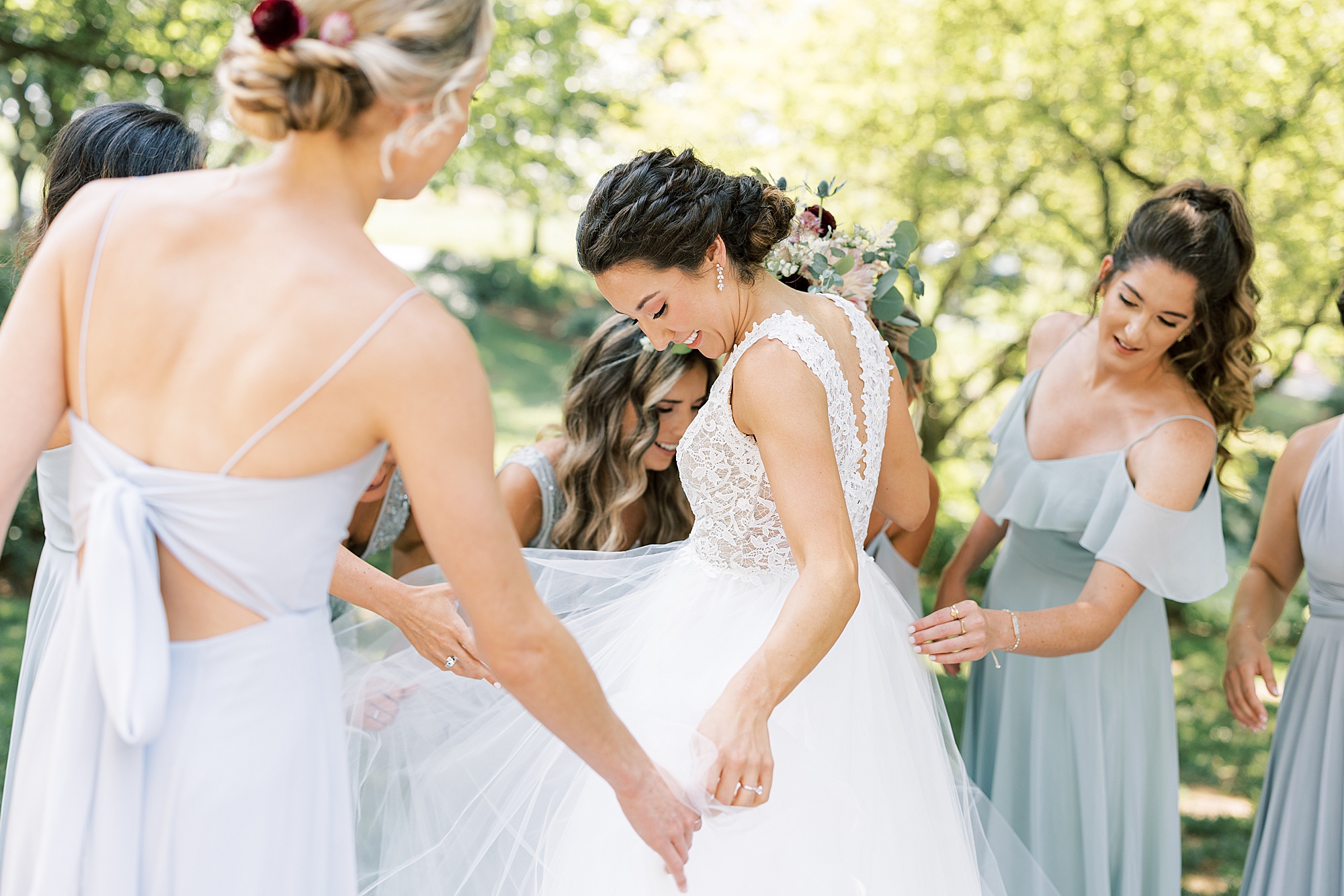 bridesmaids amide bride's wedding dress 