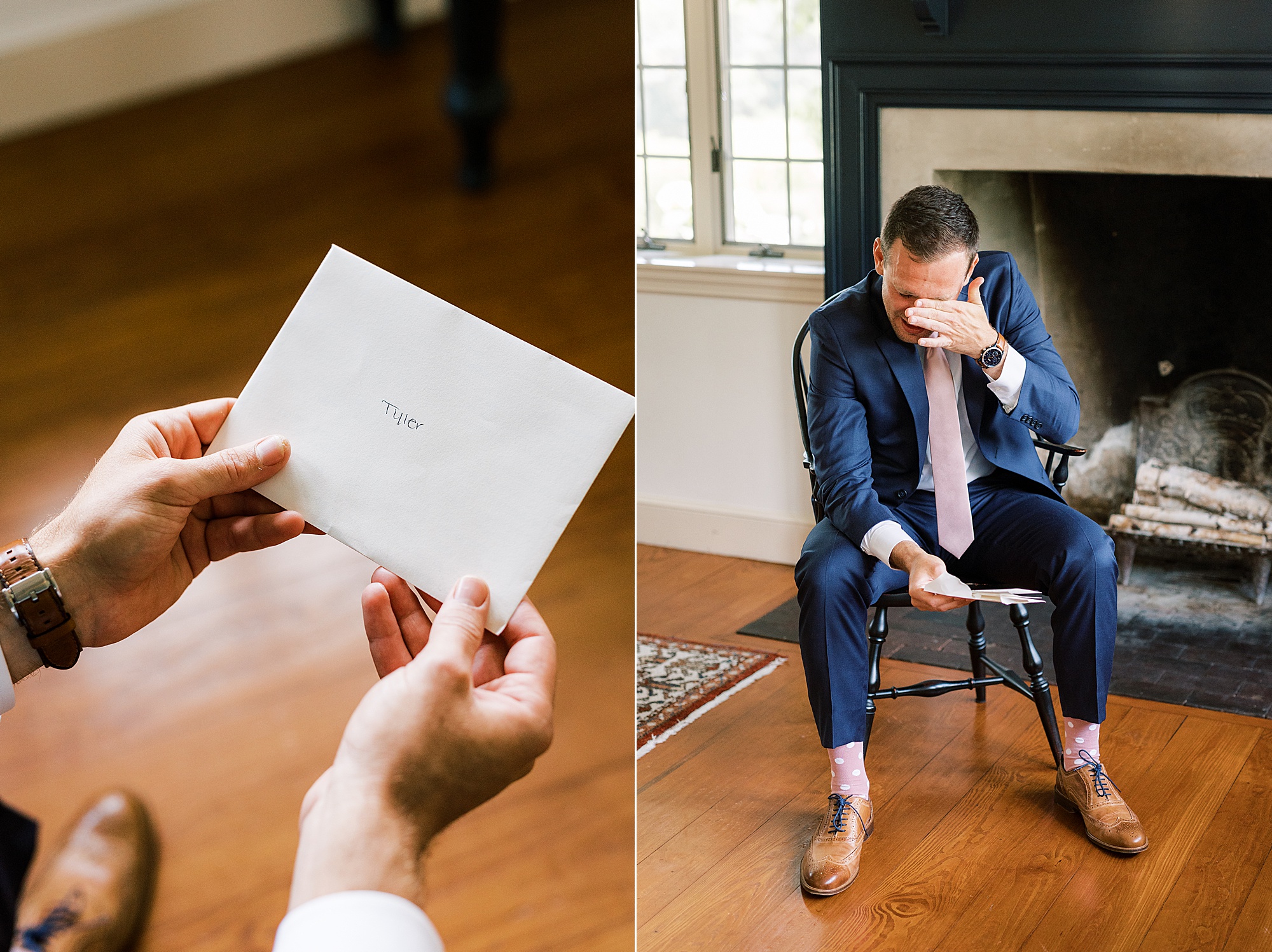 groom cries reading letter from bride on wedding morning 