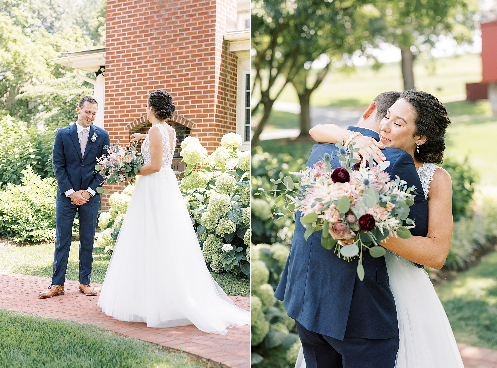 groom smiles at bride during first look while they hug 