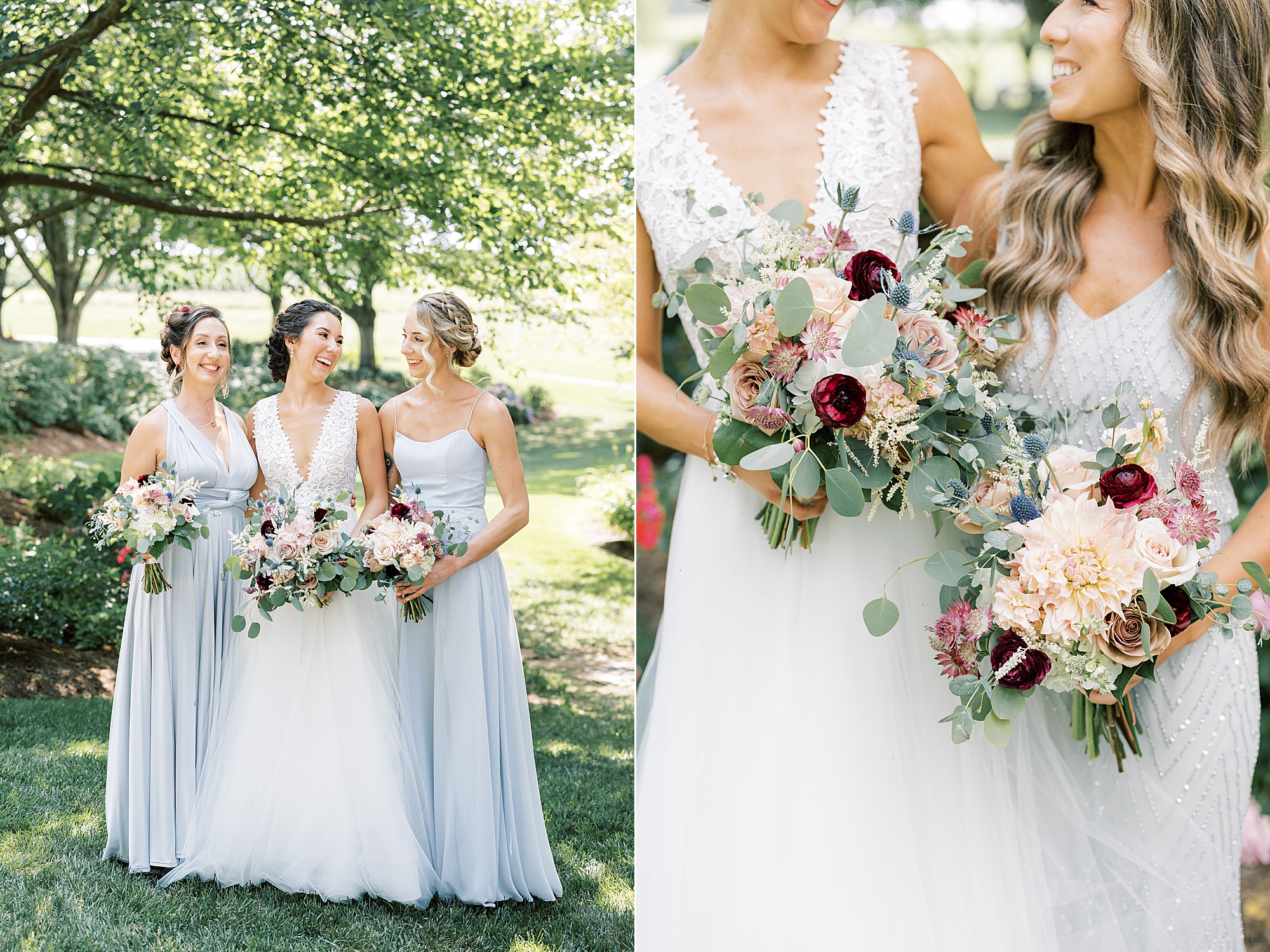 bride smiles with bridesmaids in mismatched blue gowns on lawn 