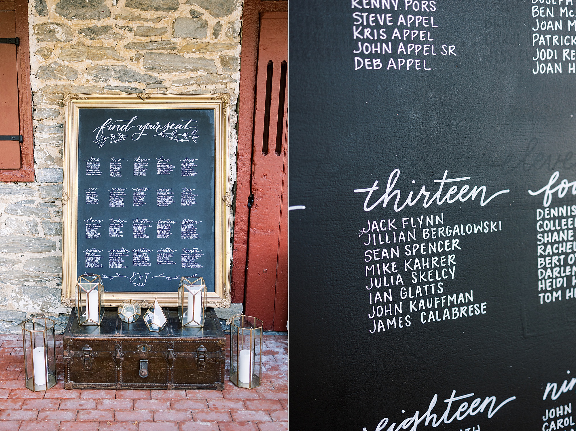 seating chart on chalkboard against stone wall 