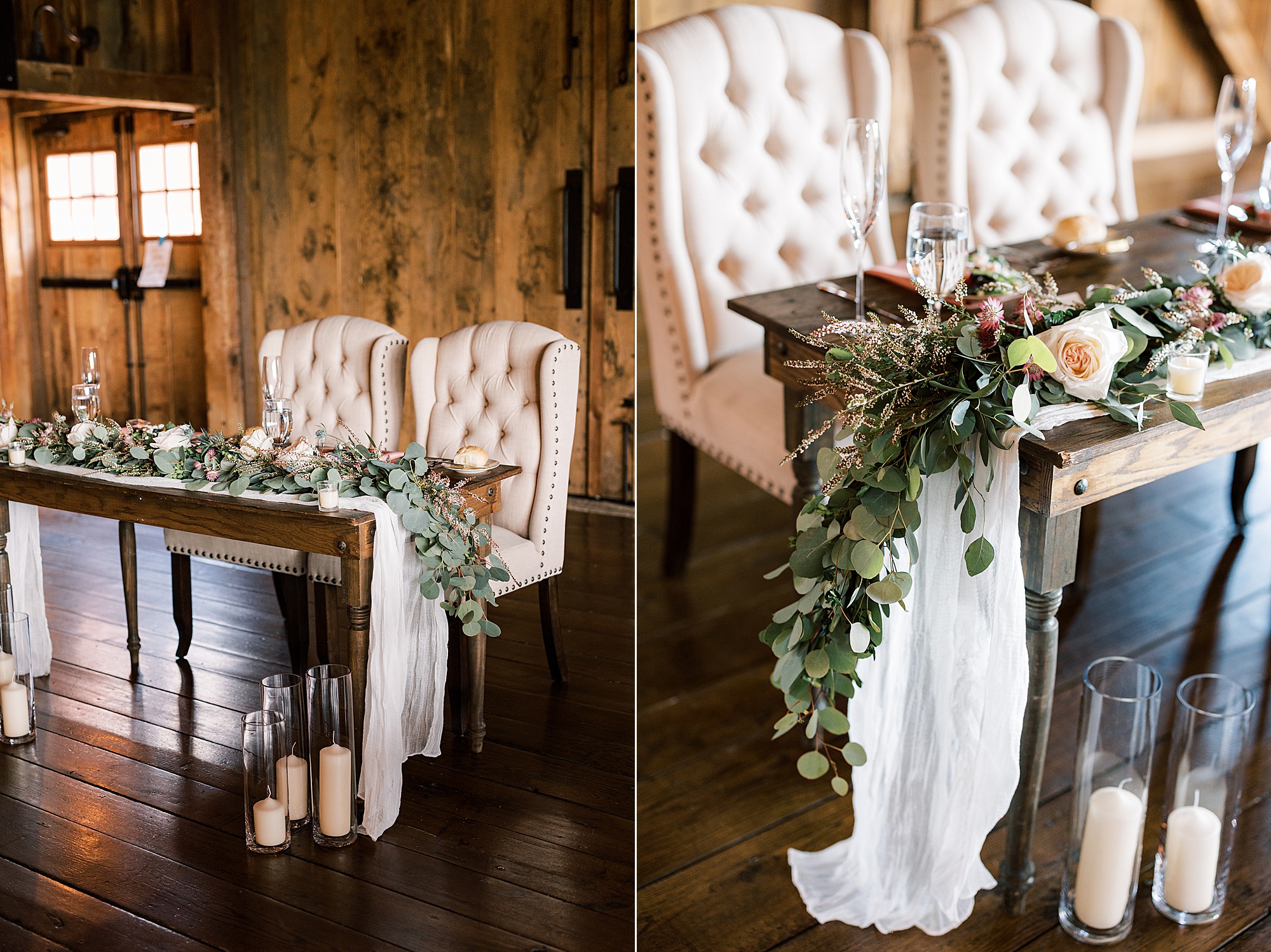 sweetheart table with plush chairs and greenery overtop table