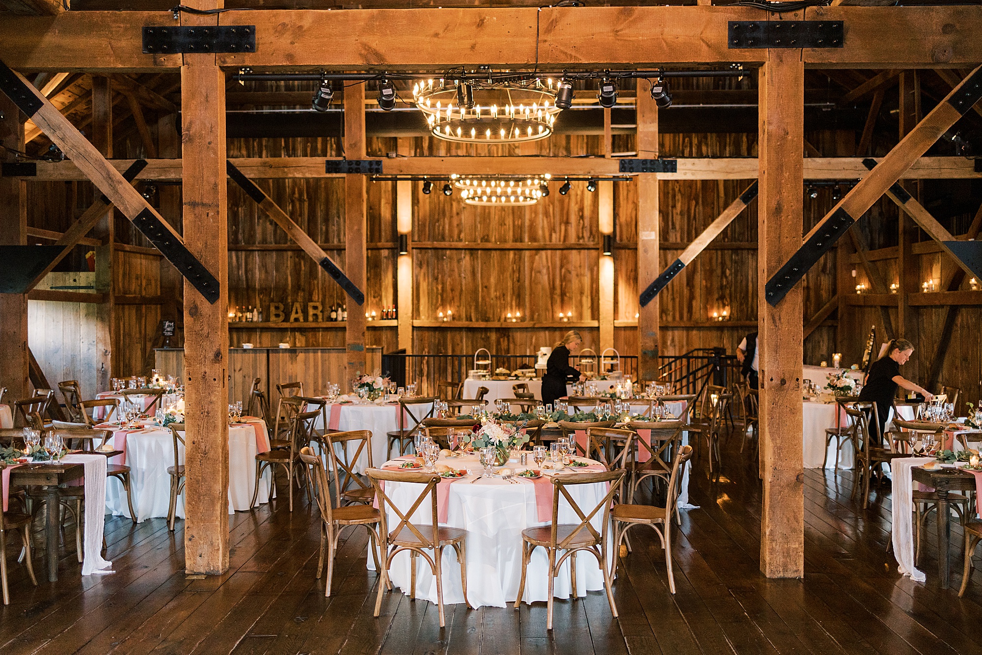 Lancaster PA wedding reception in barn with pink and green details 