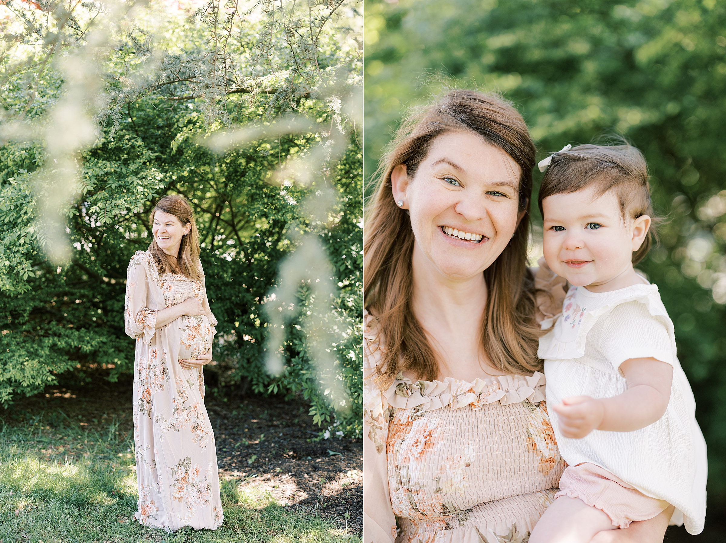 Pregnant mom and baby in romantic off the shoulder floral maternity dress photographed by Philadelphia maternity photographer Samantha Jay