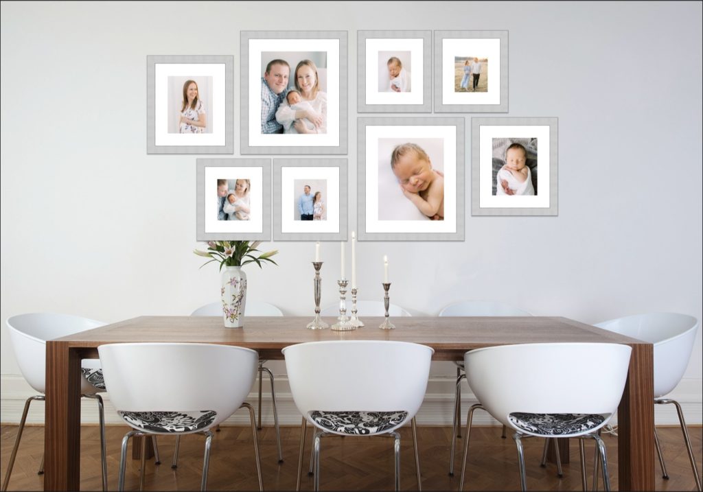 Beautiful gallery wall of family photographs designed and printed by Philadelphia Newborn Photographer Samantha Jay