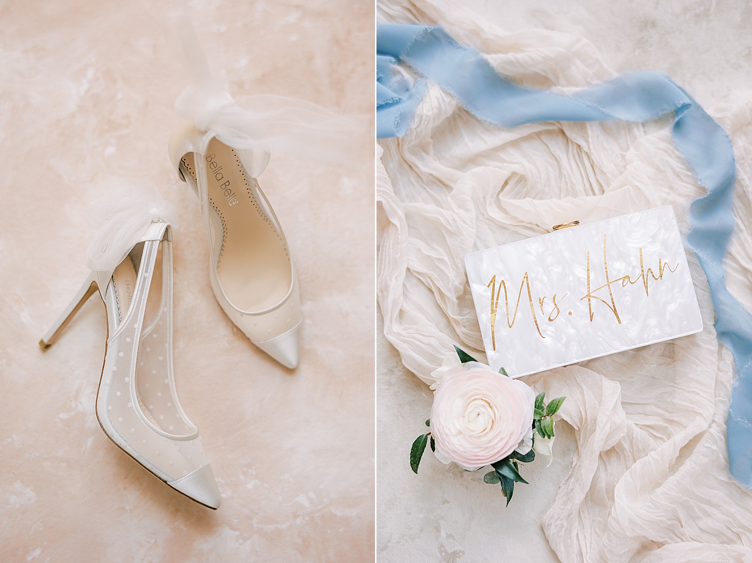 bride's ivory shoes and gold and white marbled handbag 