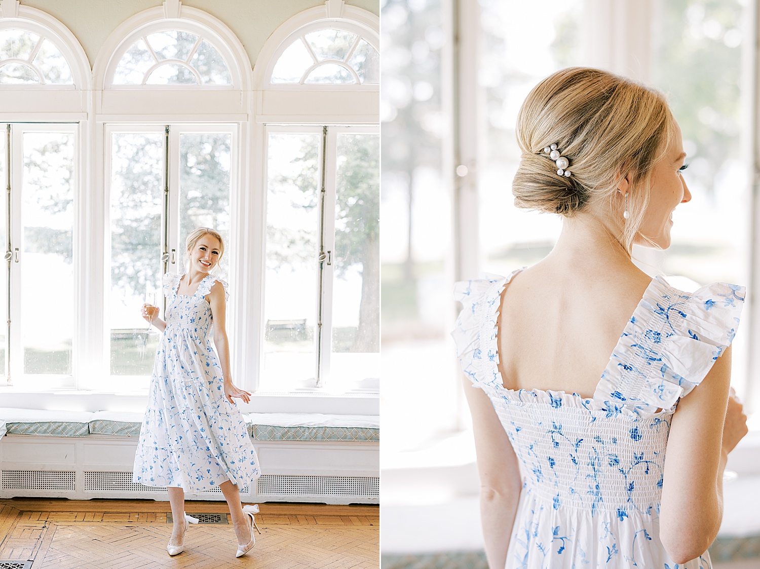 bride twirls in front of window in blue and white dress 