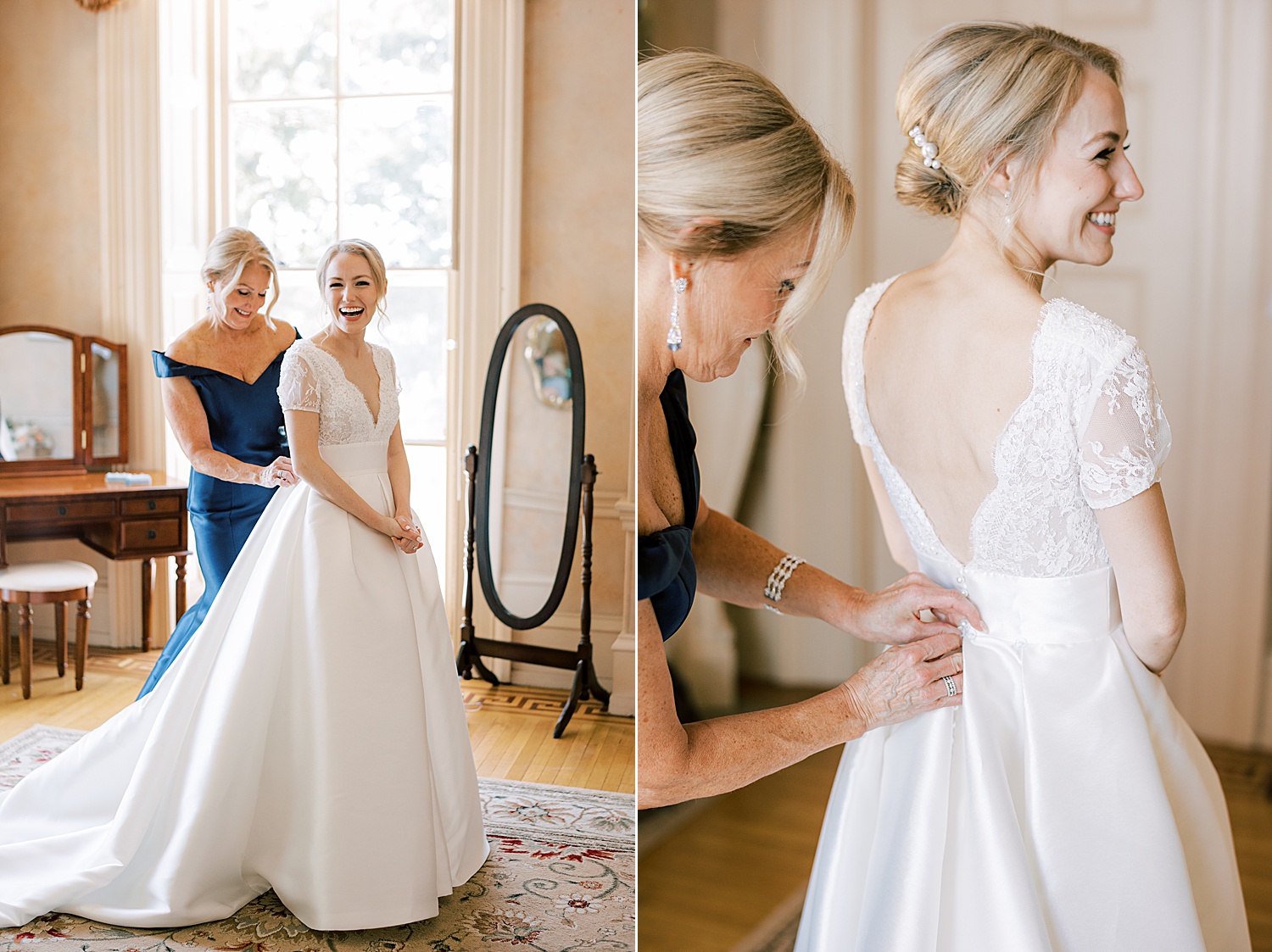 mother in blue gown helps button wedding dress for Philly bride at Glen Foerd on the Delaware
