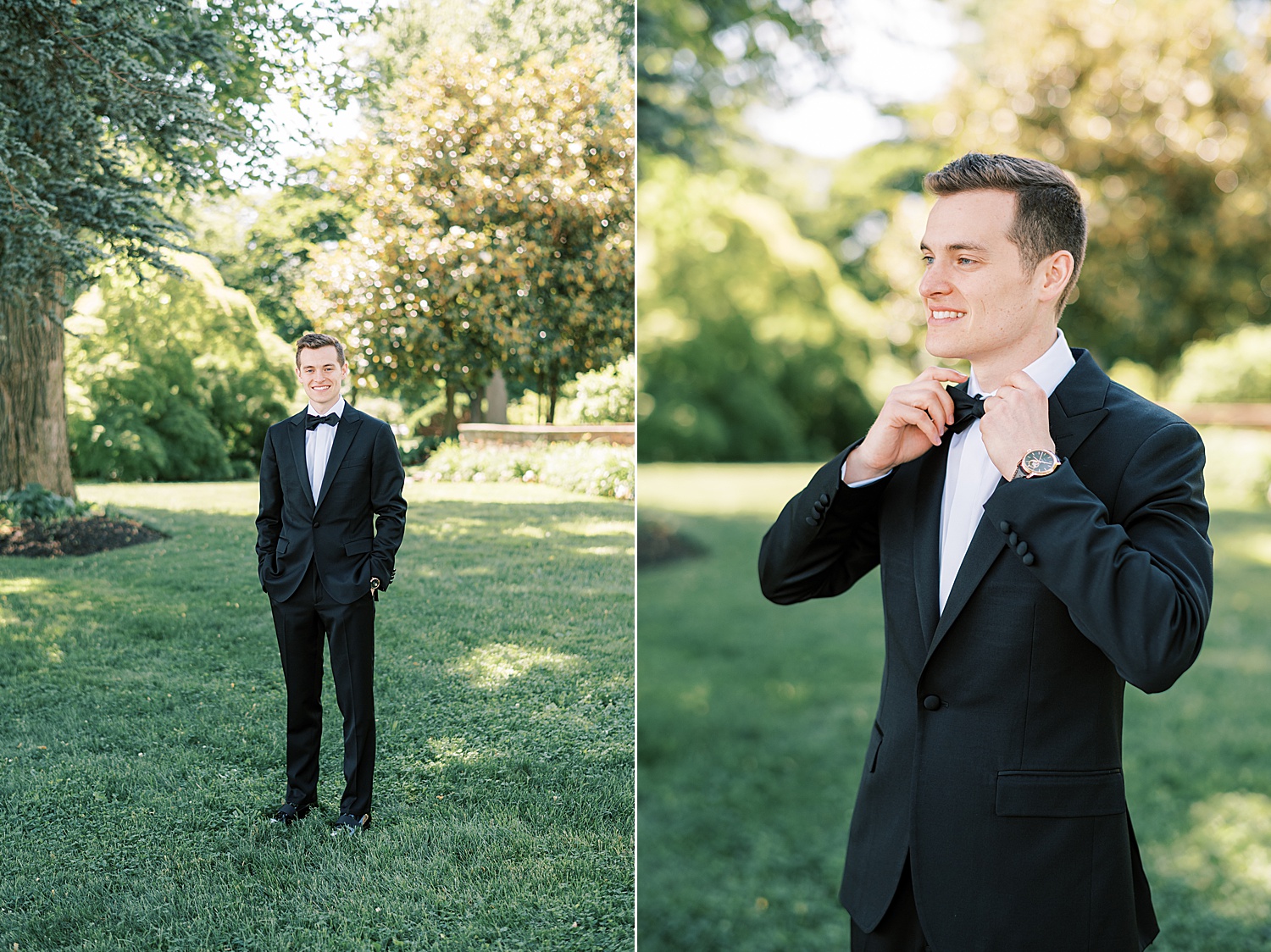 groom stands in black tux on lawn at Glen Foerd on the Delaware
