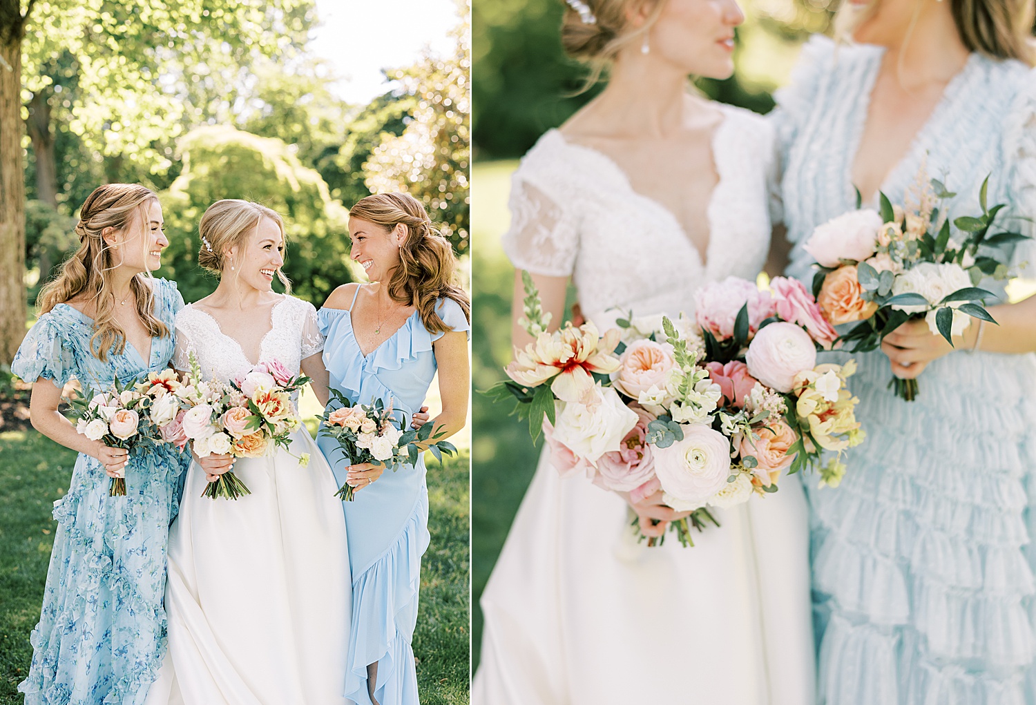 bride smiles with bridesmaids in mismatched blue gowns with summer bouquets 