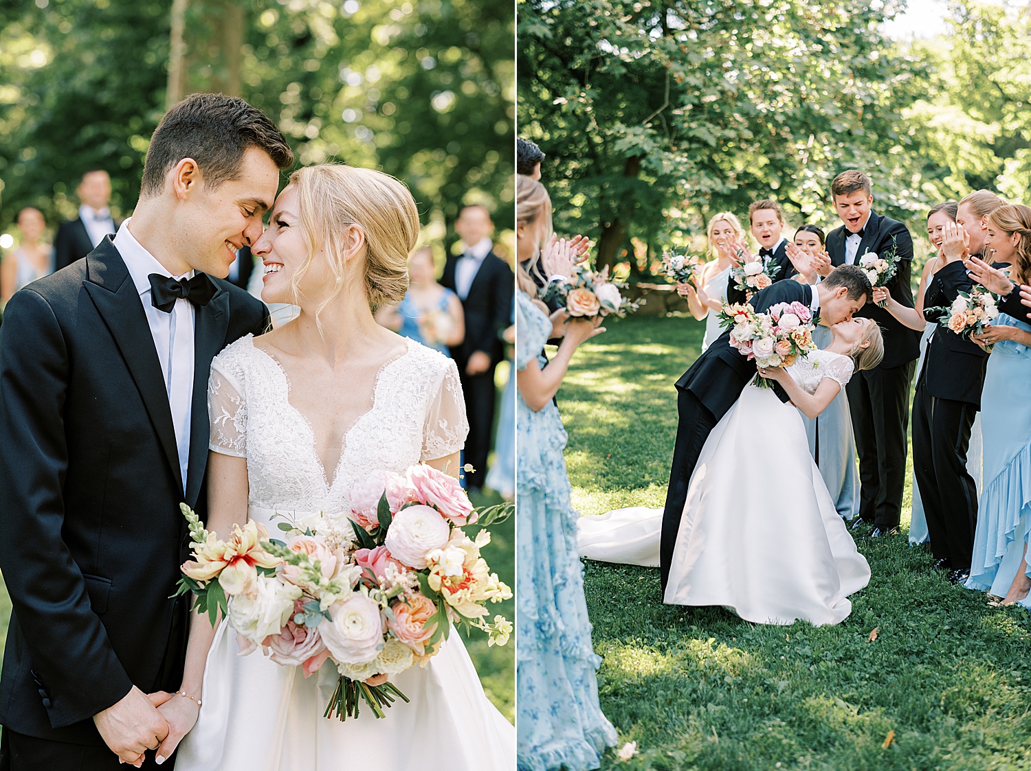 bride and groom smile together and kiss between cheering wedding party 