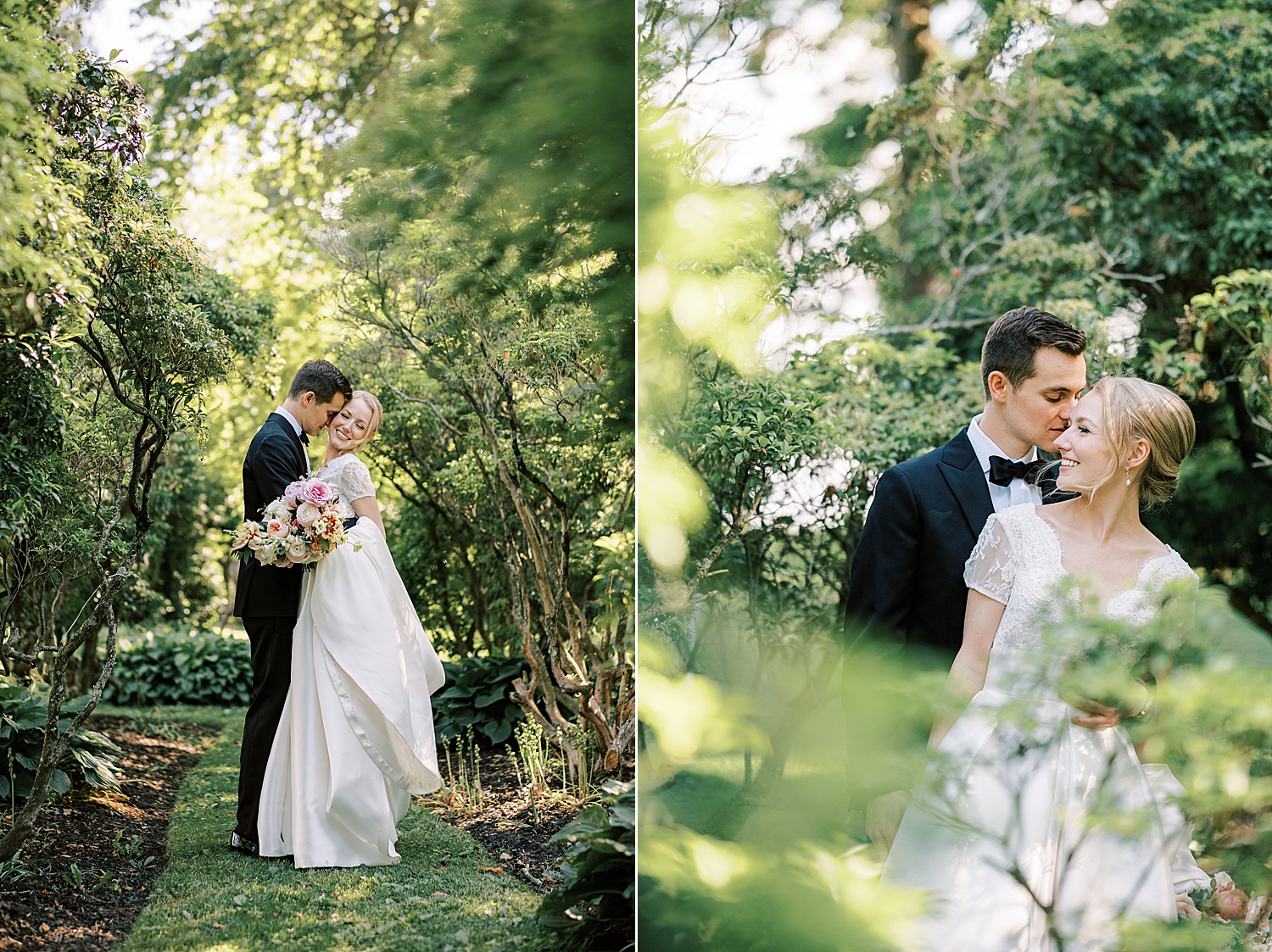 groom kisses bride's cheek hugging her to him in garden at Glen Foerd on the Delaware