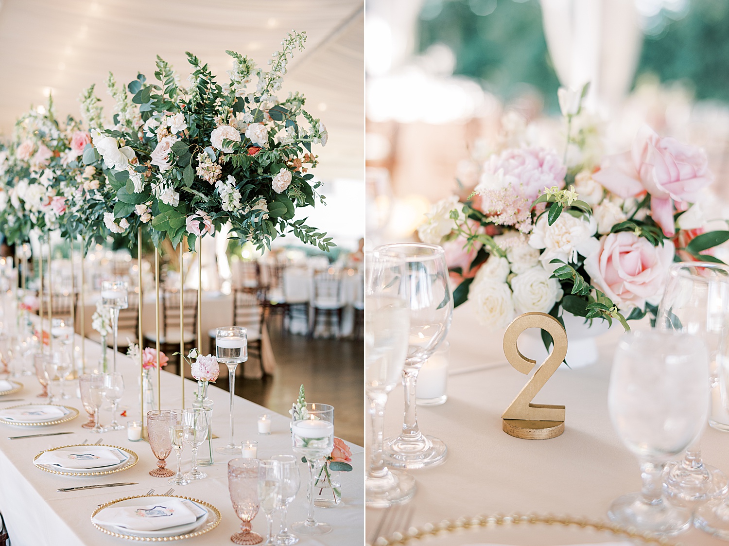 wedding reception centerpieces with gold table numbers and vintage pink glasses 