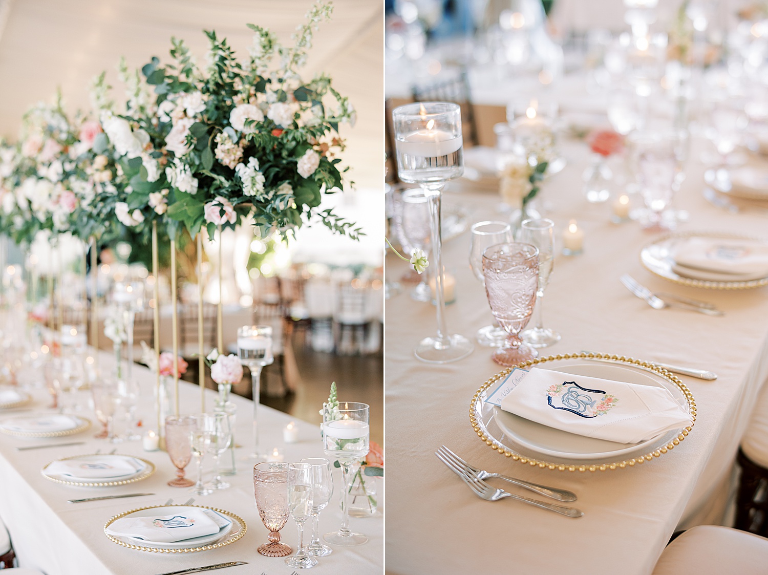place settings with gold-rimmed plates and custom crest napkins 