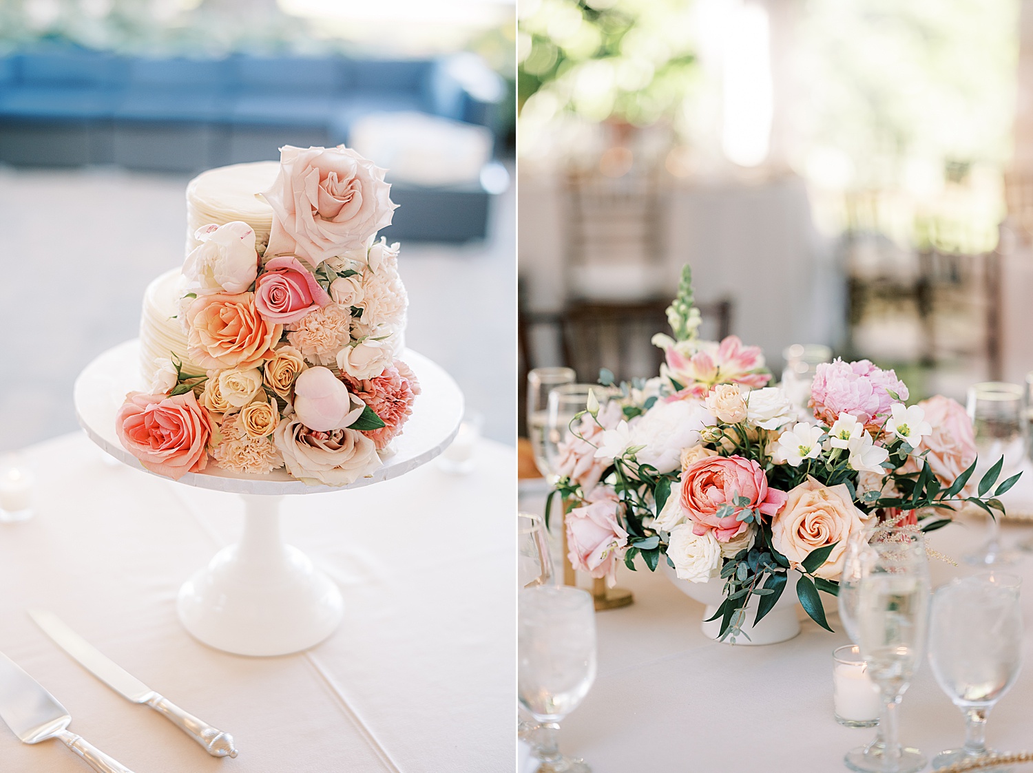 wedding cake with pink and orange roses at Glen Foerd on the Delaware