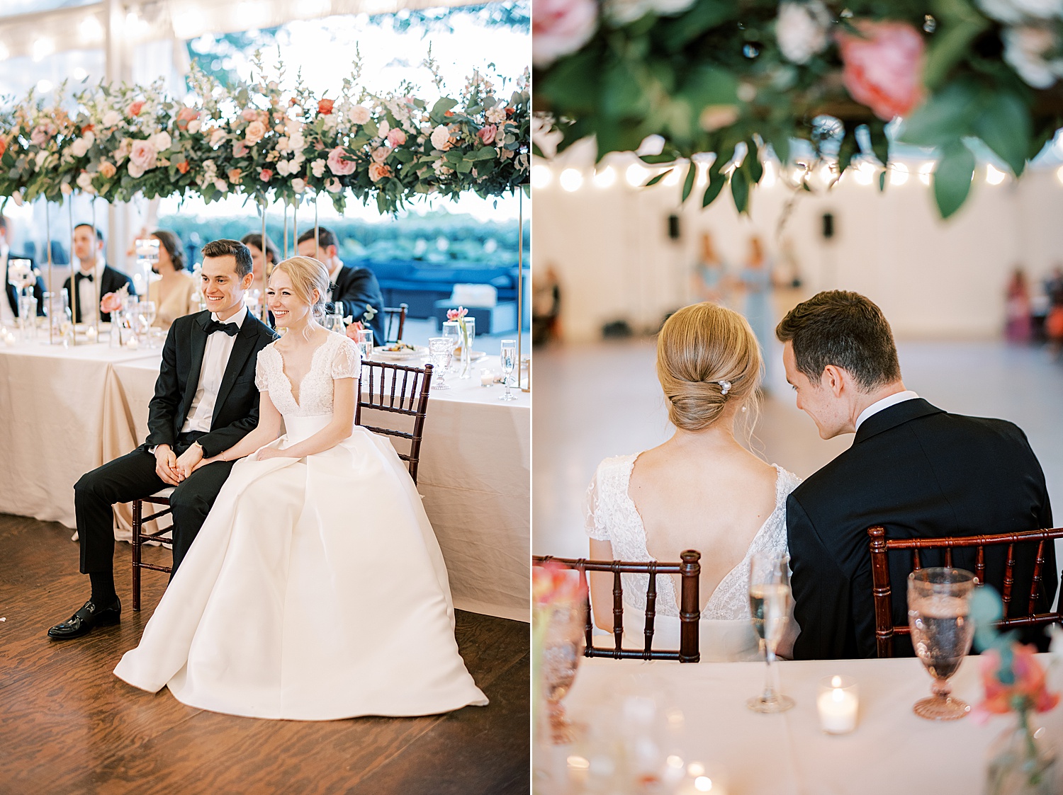bride and groom sit together in front of dinner table for speeches 