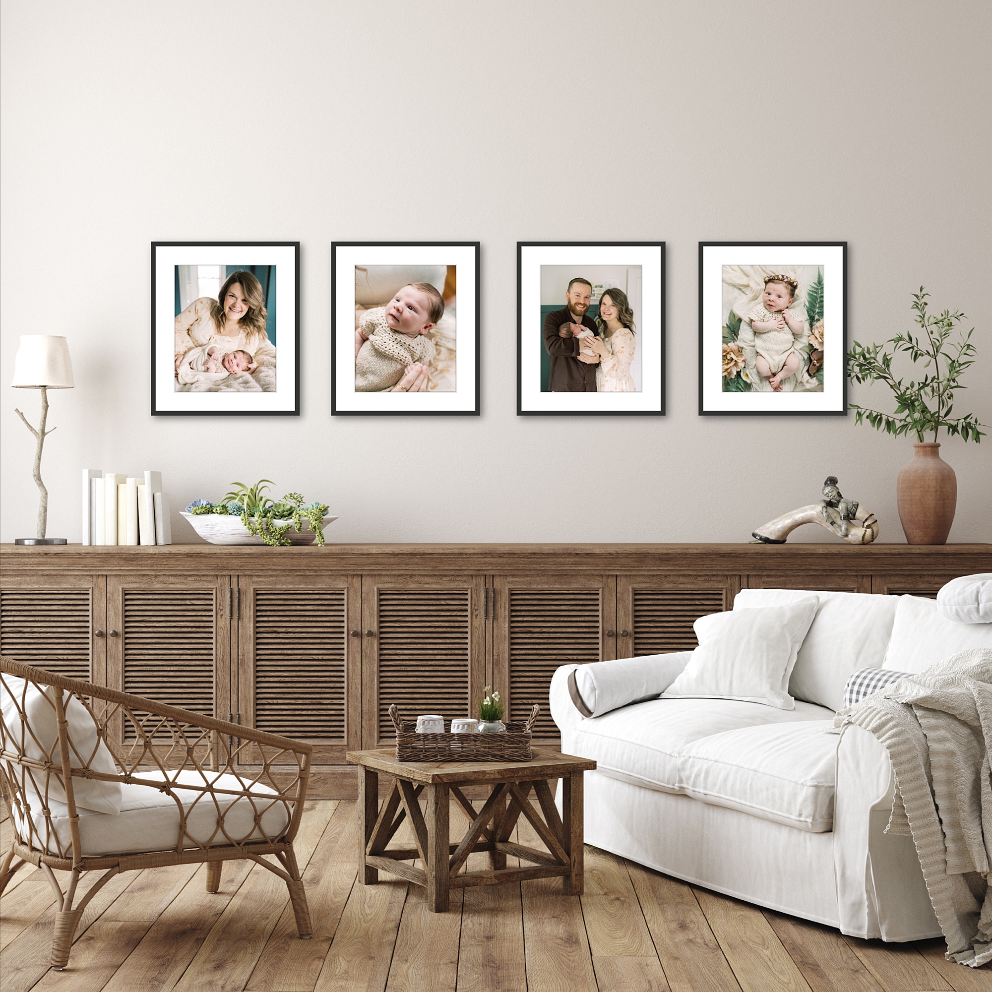 four photos in frames above credenza in Philly PA home