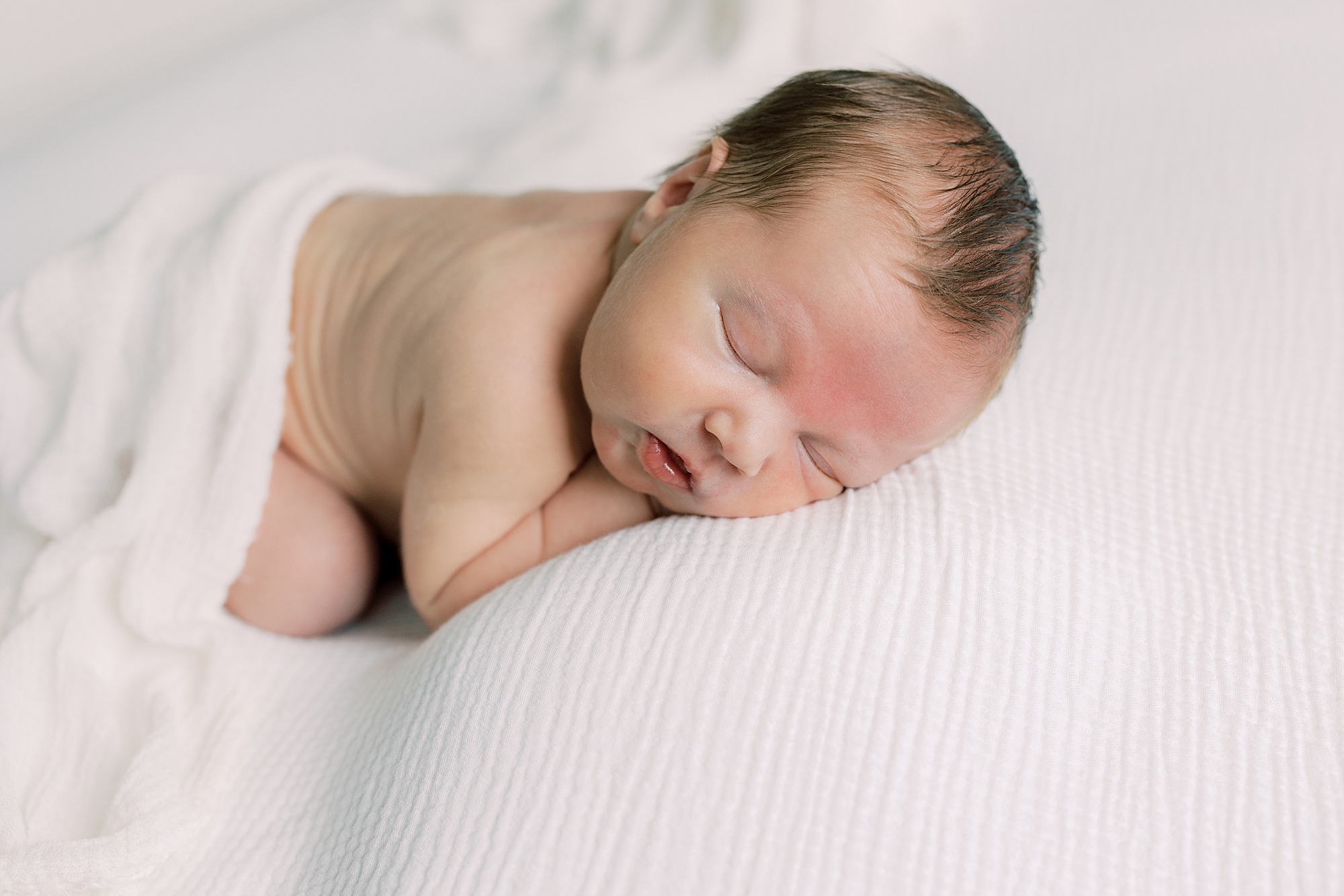 baby sleeps on white backdrop during Media PA newborn session