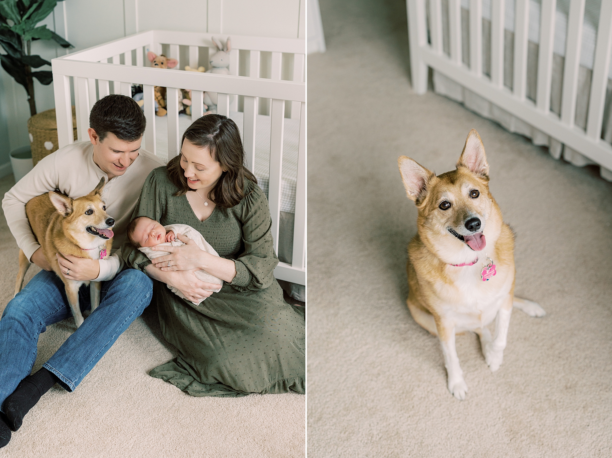 parents sit on floor by white crib with dog next to them 