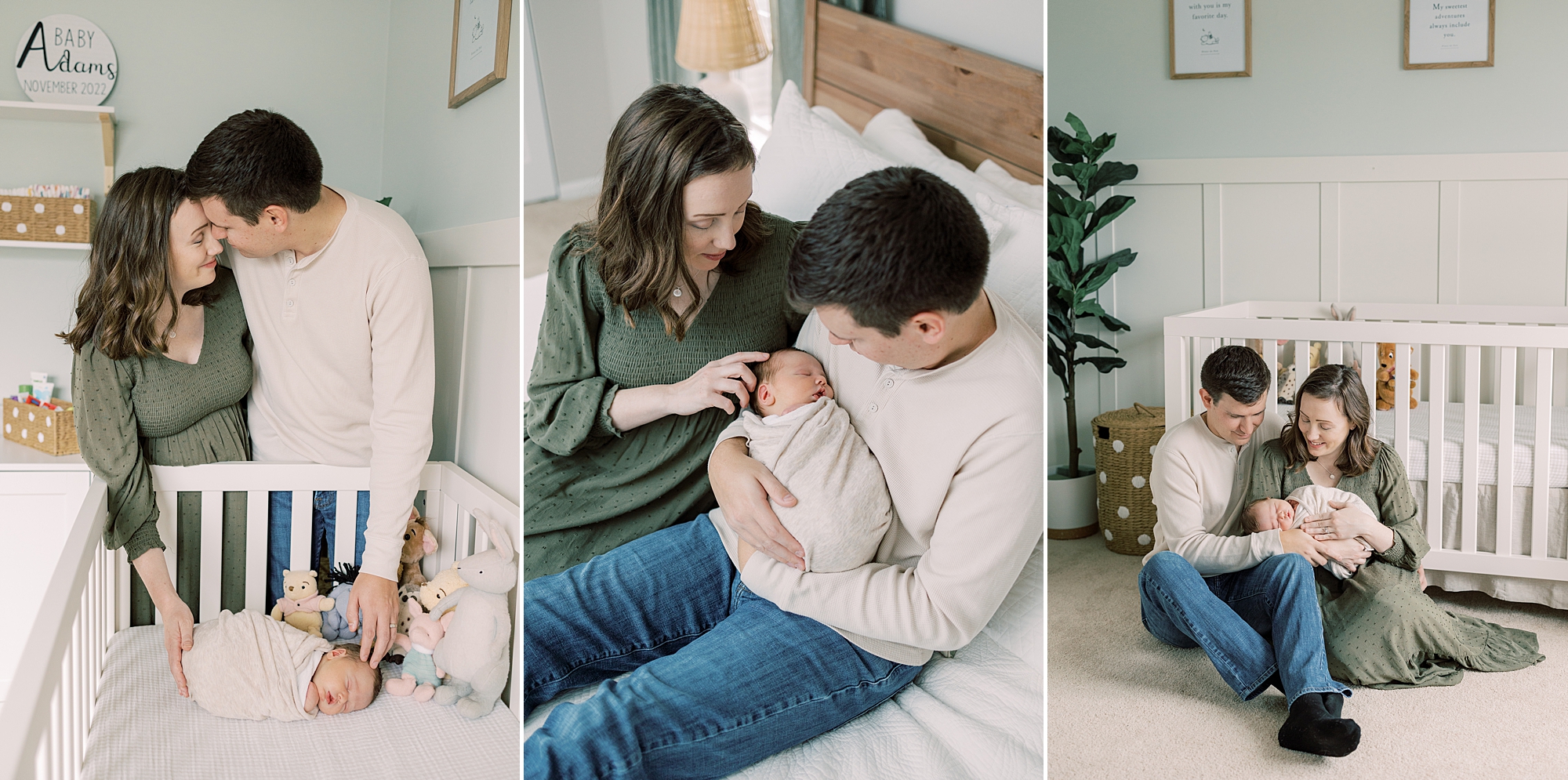 parents snuggle with baby by crib during lifestyle newborn session 