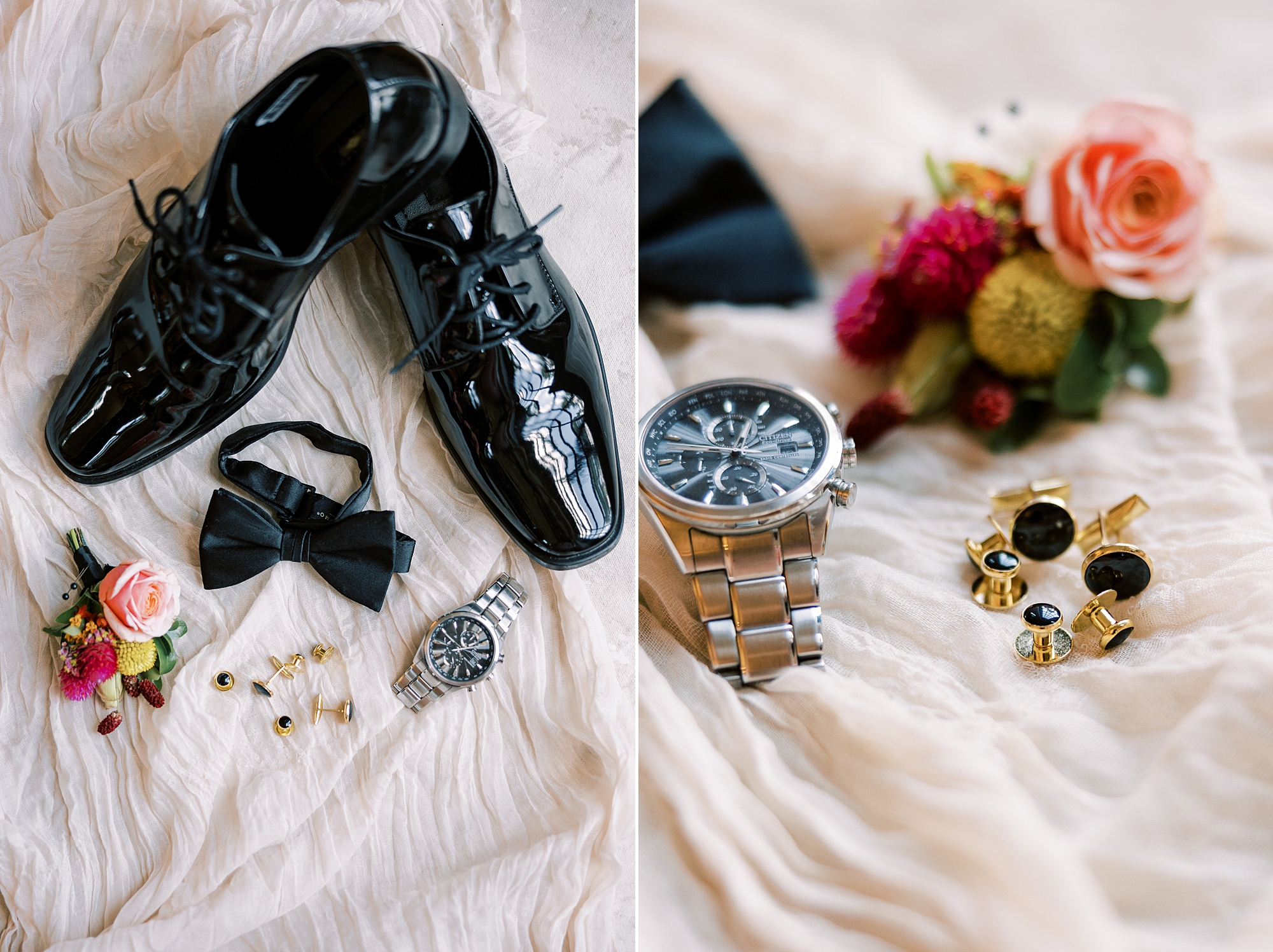 groom's black shoes and watch for summer Parque Ridley Creek wedding