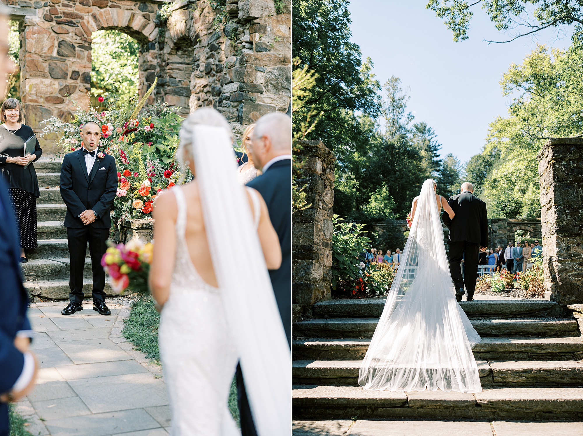 father walks bride into wedding ceremony in gardens at Parque Ridley Creek