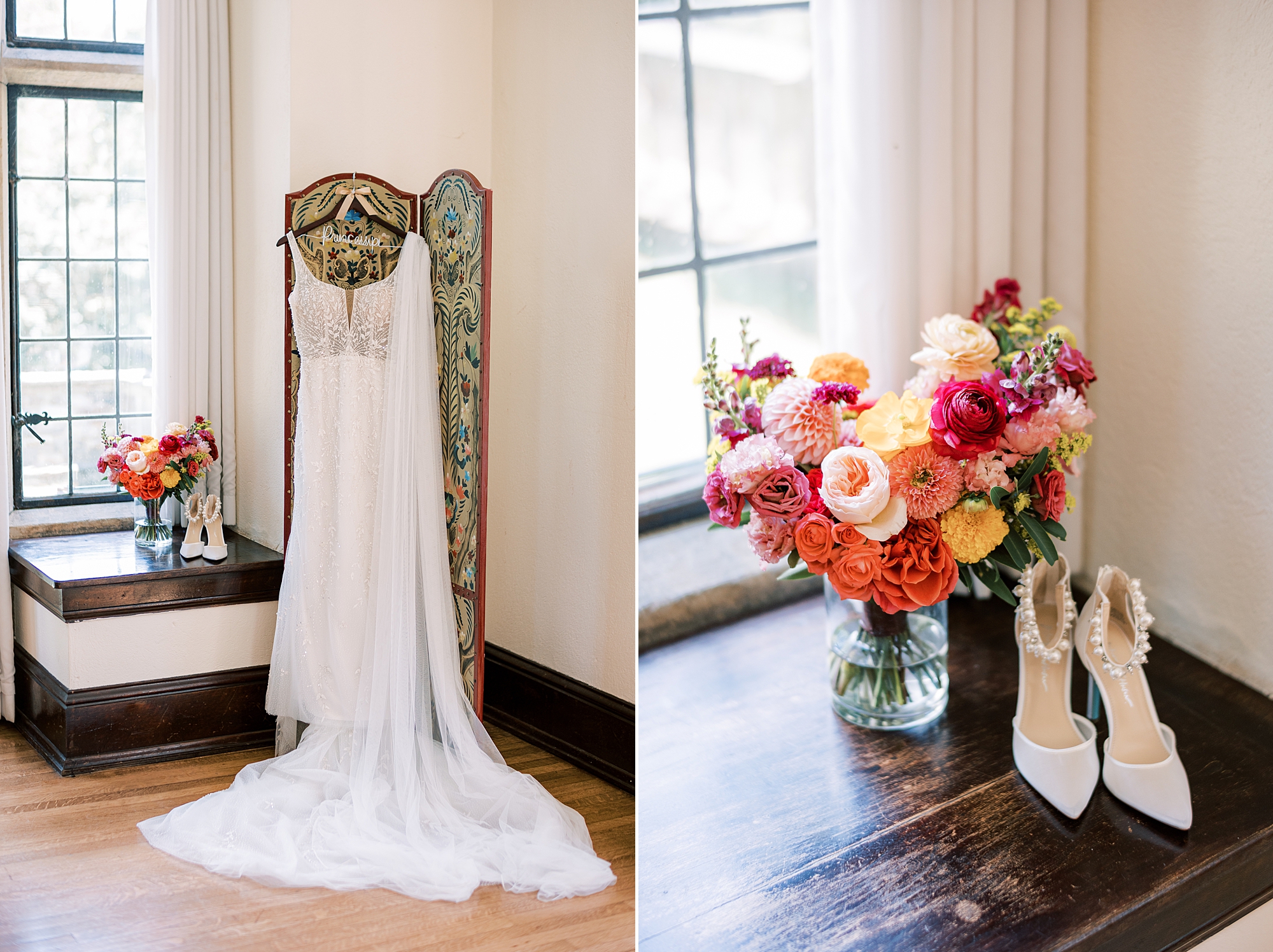 bride's wedding gown hangs and shoes with bright bouquet 