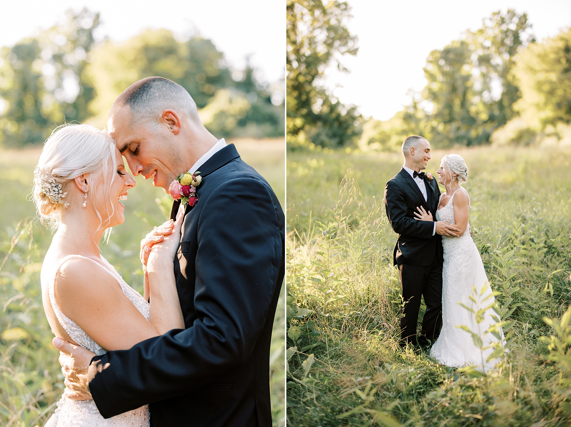 bride and groom stand in field together at sunset at Parque Ridley Creek