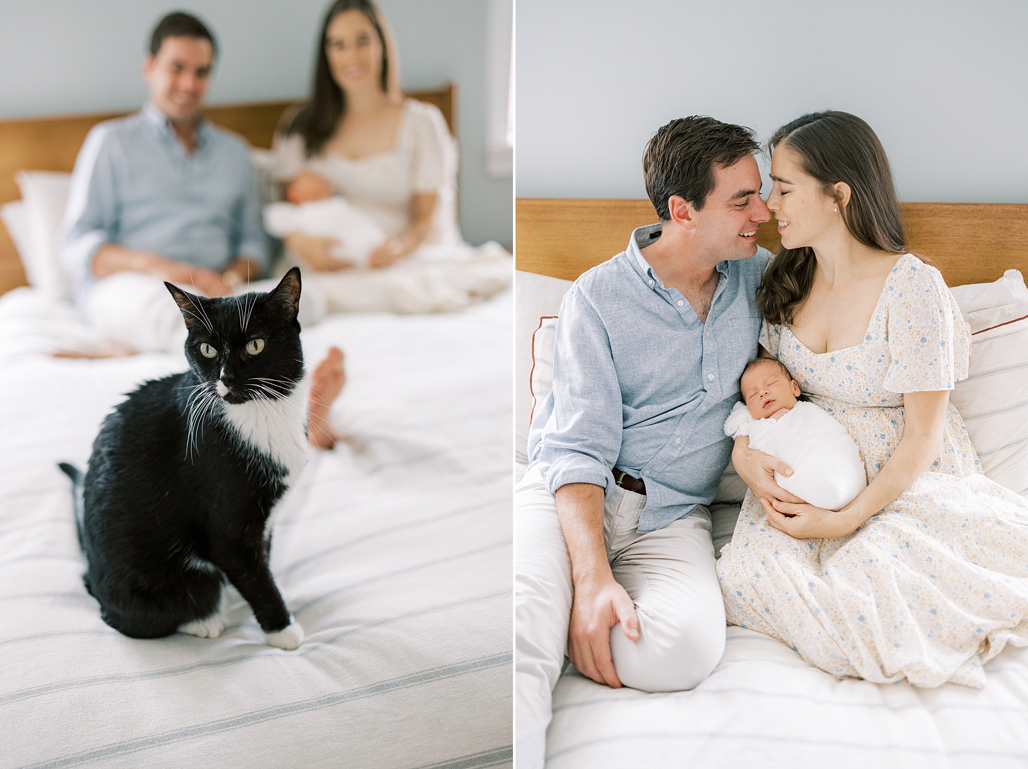 couple sits on bed with new son and cat in Philadelphia PA home 