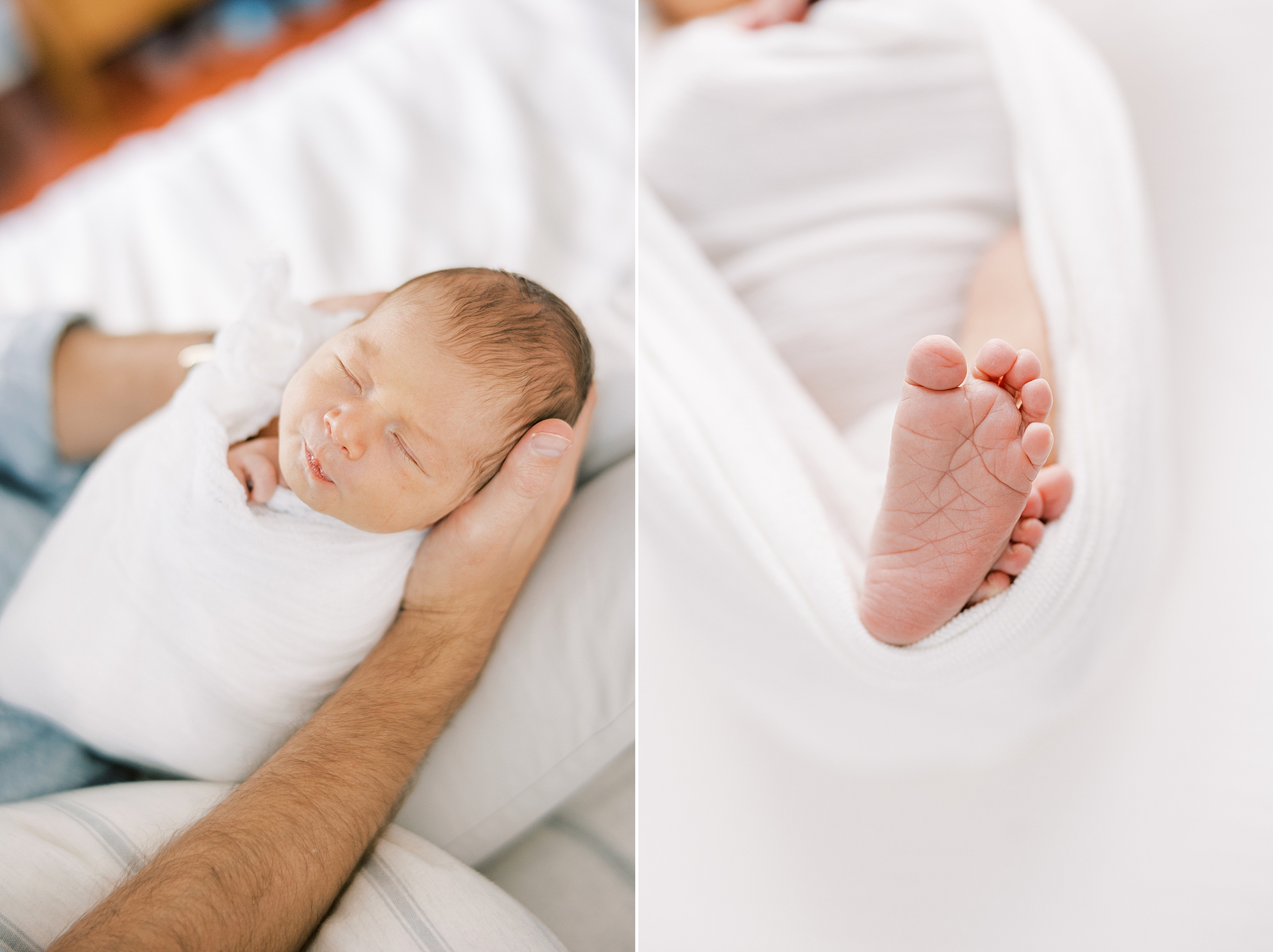 baby lays on dad's lap during in-home newborn portraits in Philly PA 