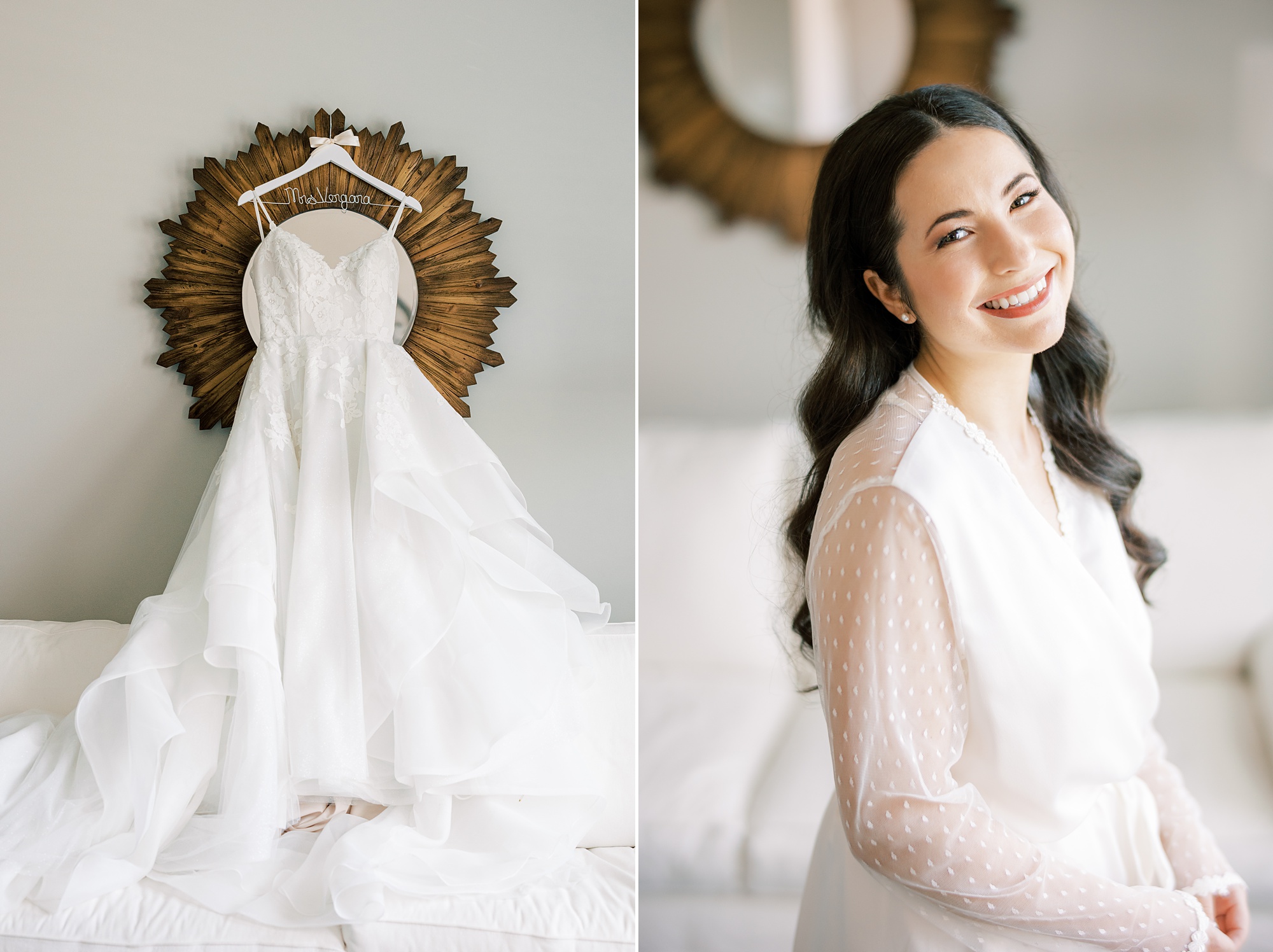 bride smiles with wedding dress hanging on mirror in bridal suite at French Creek Golf Club