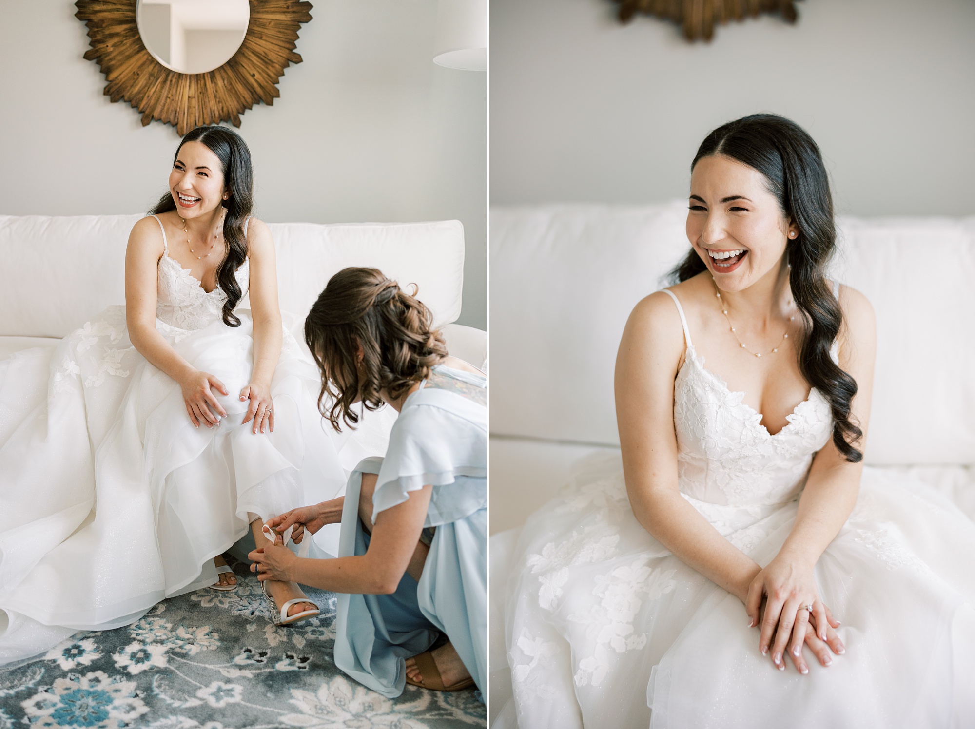 bride laughs putting on shoes during prep at French Creek Golf Club
