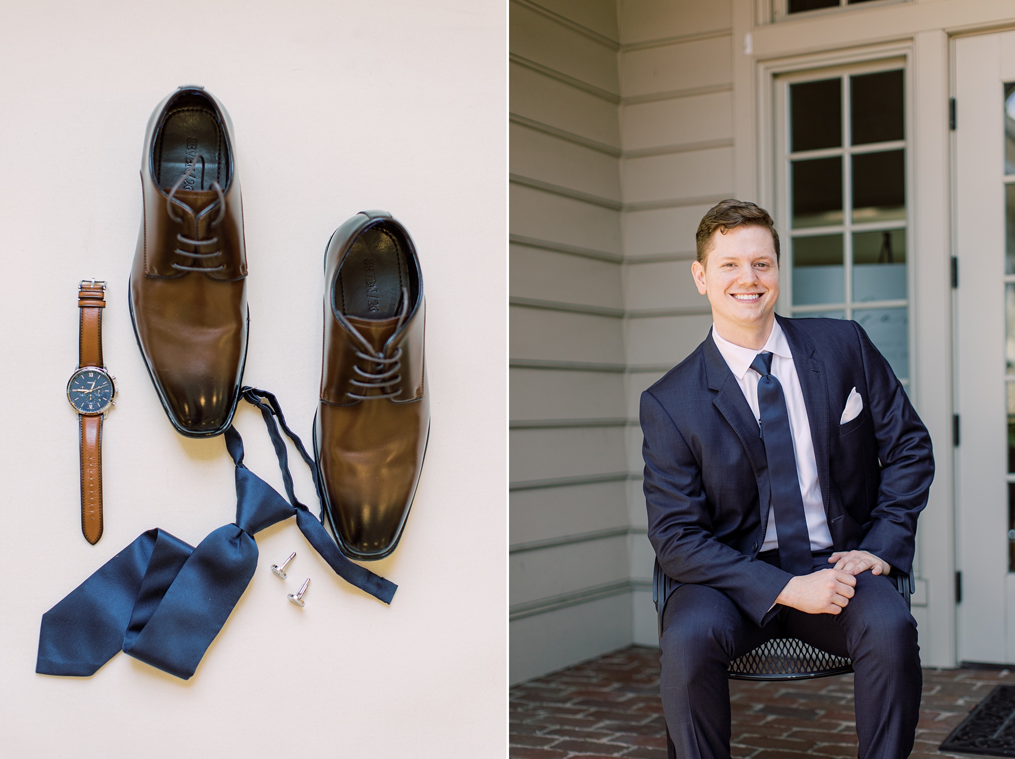 groom in navy suit sits leaning on knee outside French Creek Golf Club