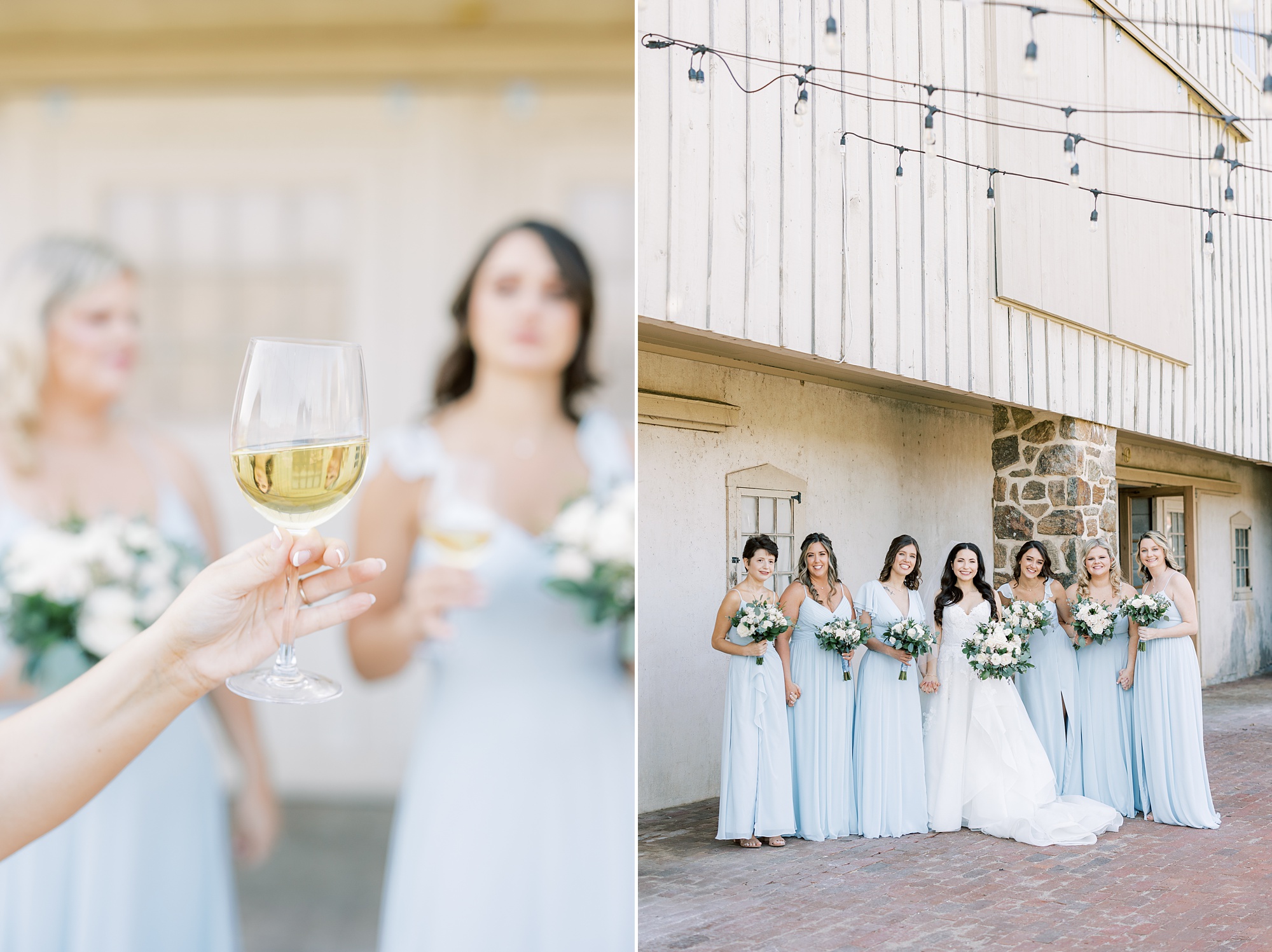 bridesmaids in blue gowns pose against white wall at French Creek Golf Club