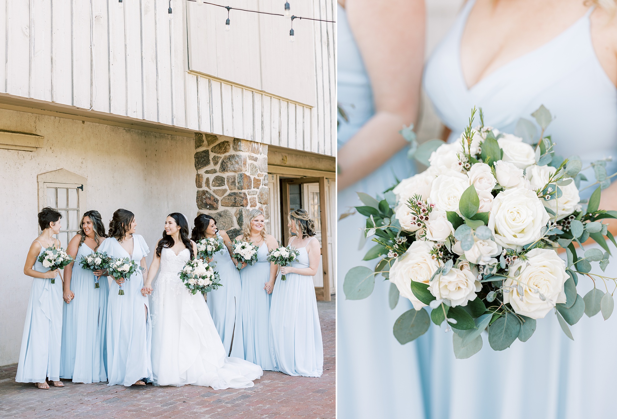 bride and bridesmaids hold white bouquets for spring wedding