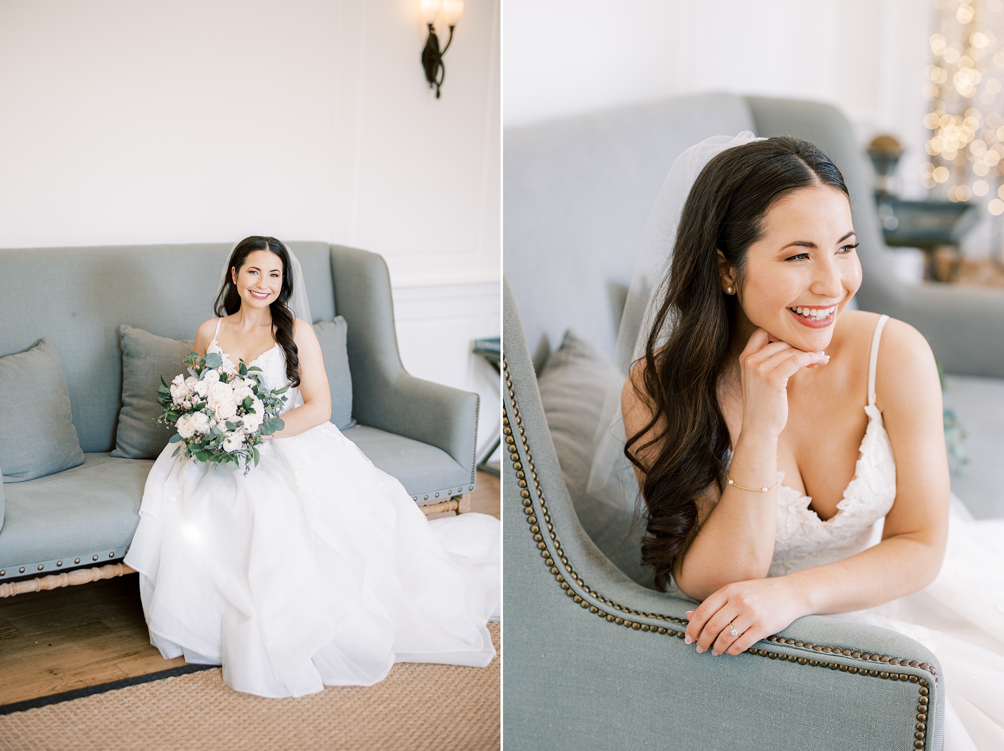 bride leans against arm of chair in bridal suite at French Creek Golf Club