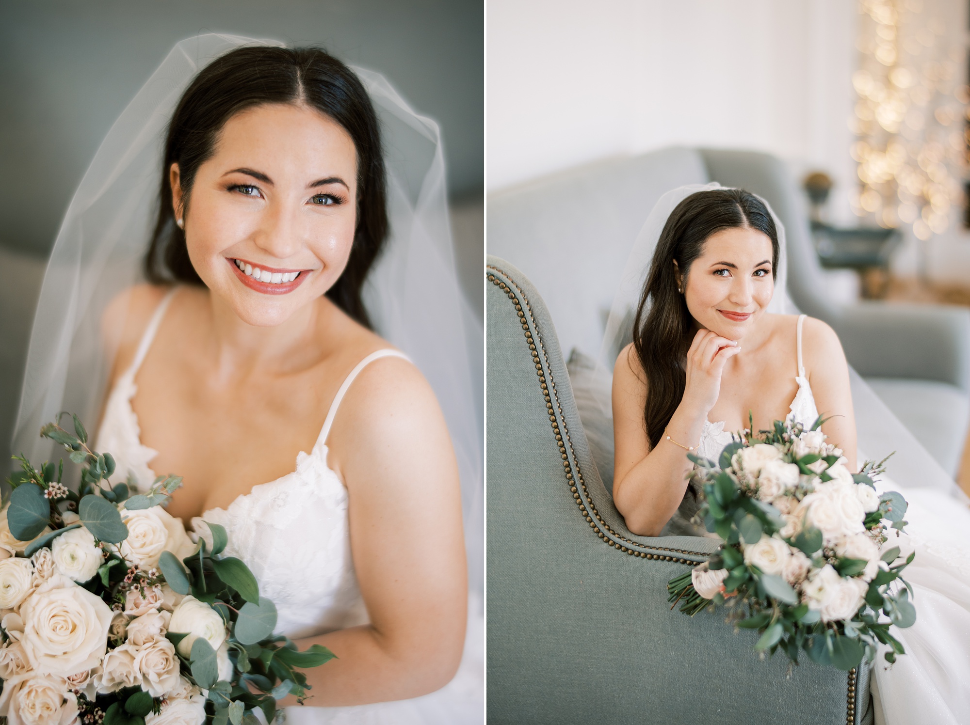 bride leans on couch arm holding bouquet during prep at bridal suite 