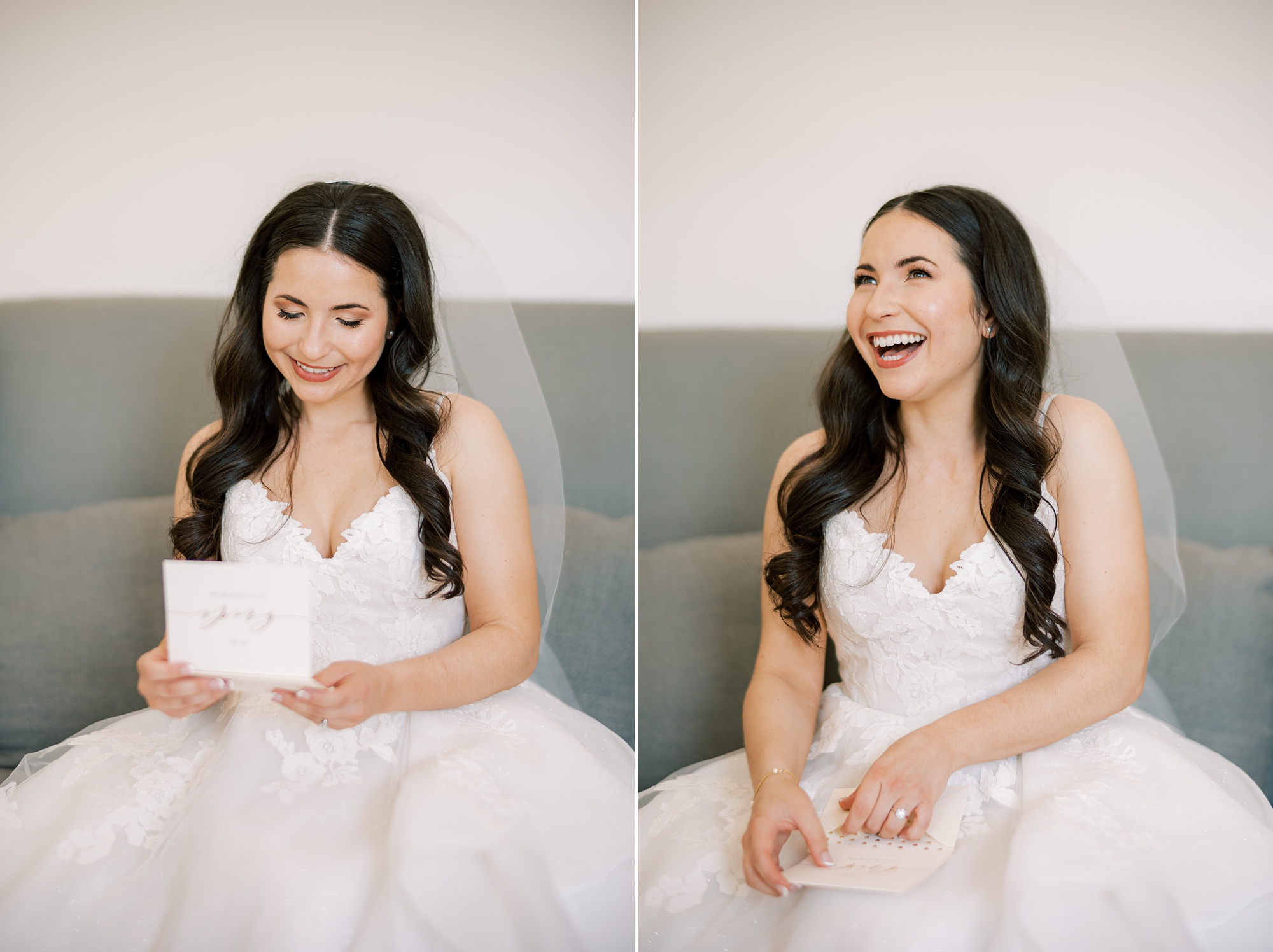 bride laughs sitting on couch in bridal suite at French Creek Golf Club