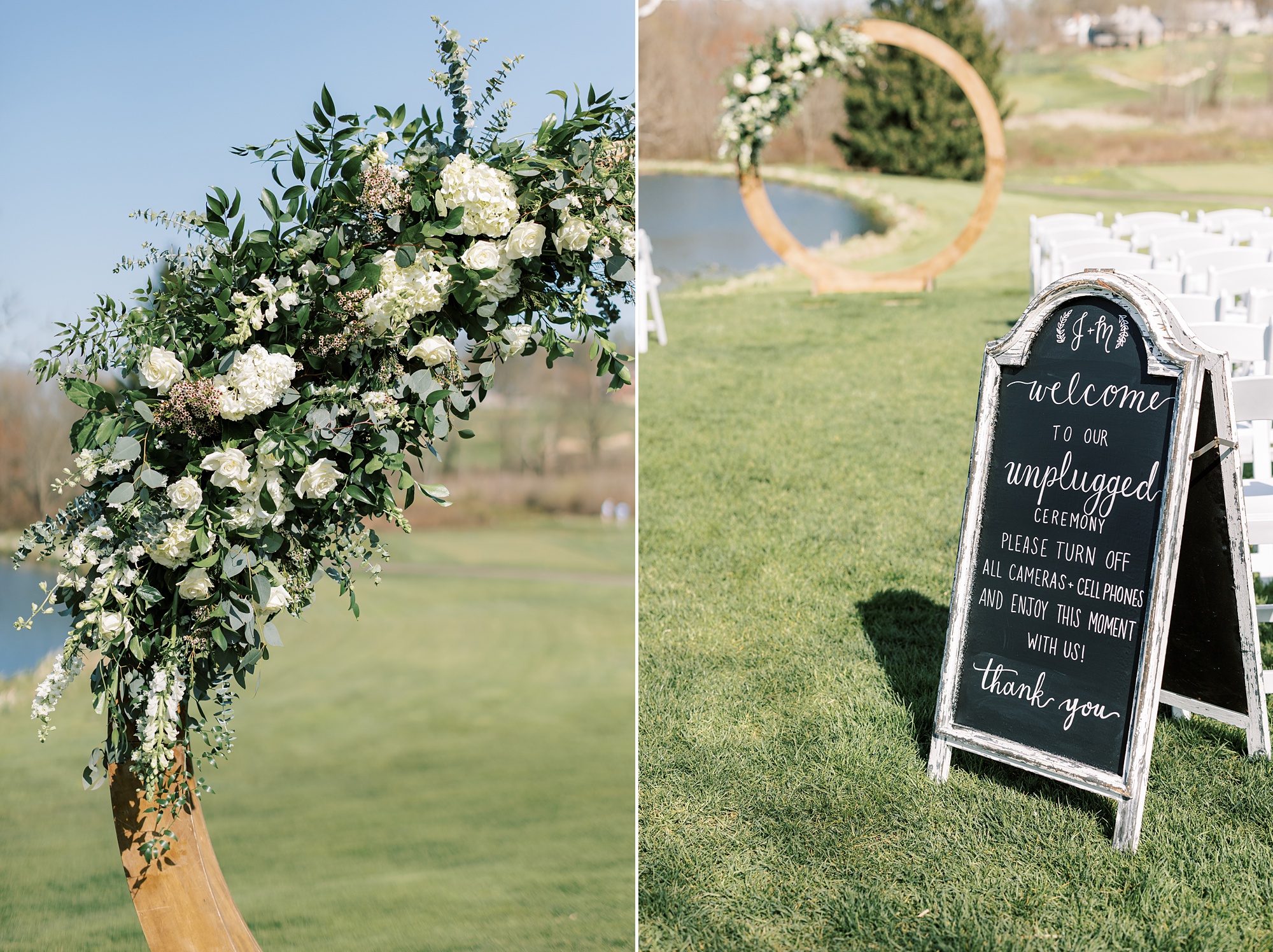 woods arbor with white flowers during outdoor wedding ceremony on the lawn of French Creek Golf Club
