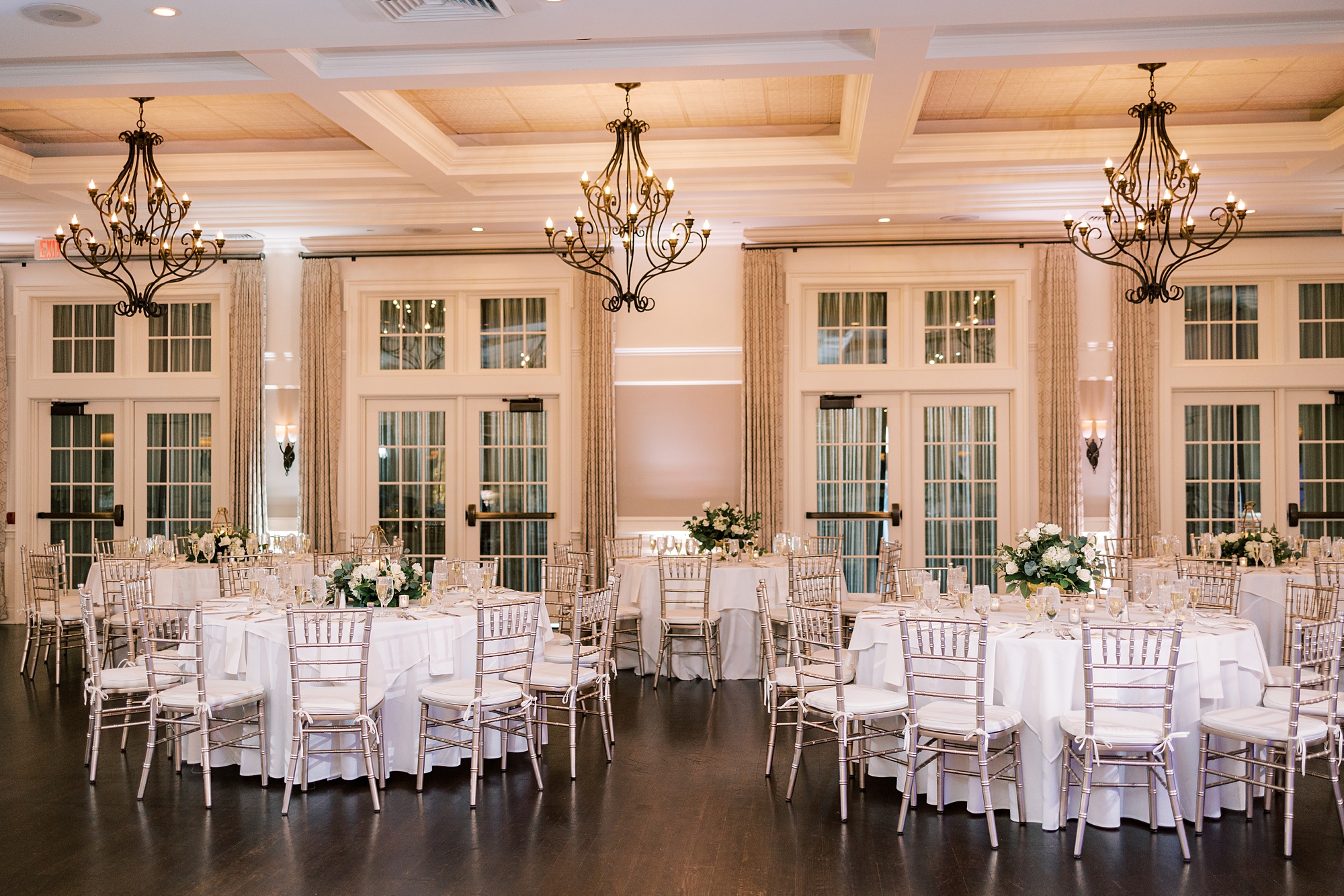 spring wedding reception with white and gold details at French Creek Golf Club 